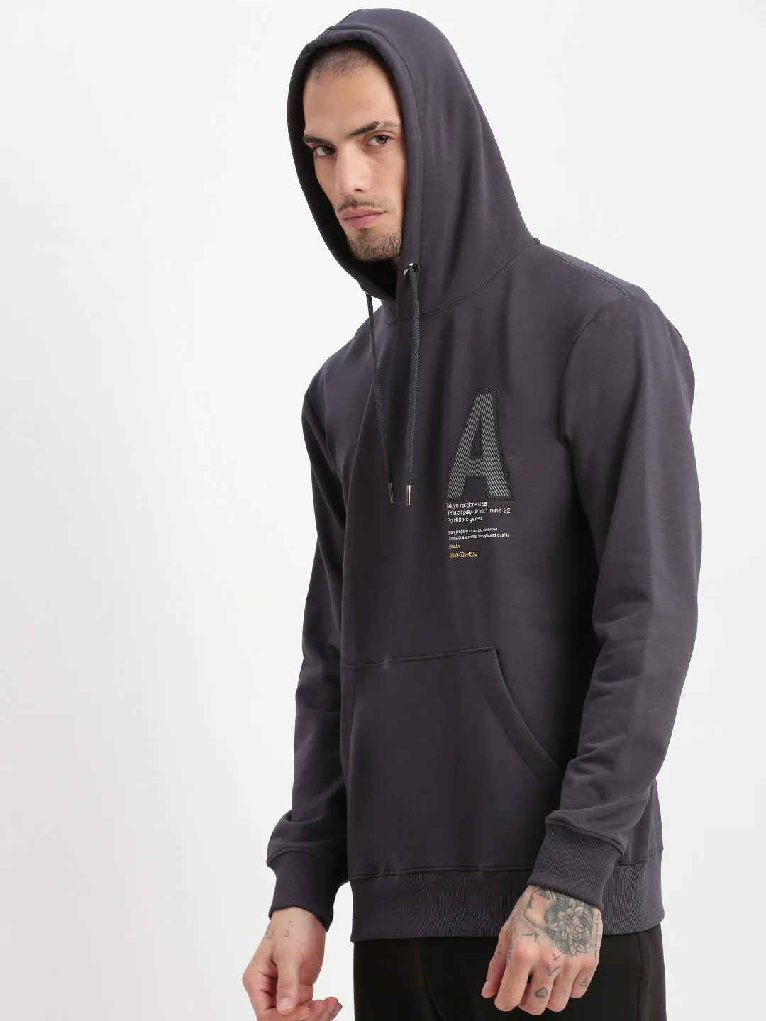 Men Grey Graphic Hooded Pullover