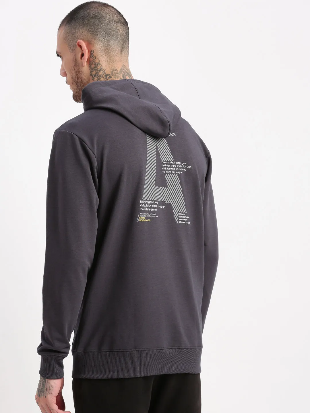 Men Grey Graphic Hooded Pullover