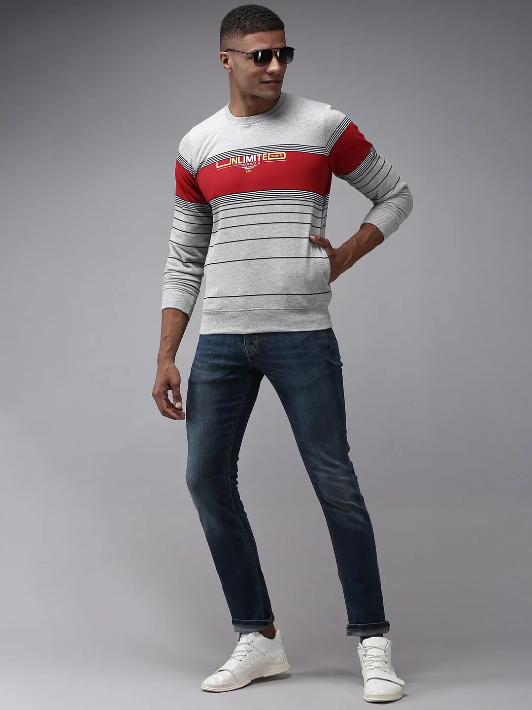 Men Grey Striped Sweatshirt