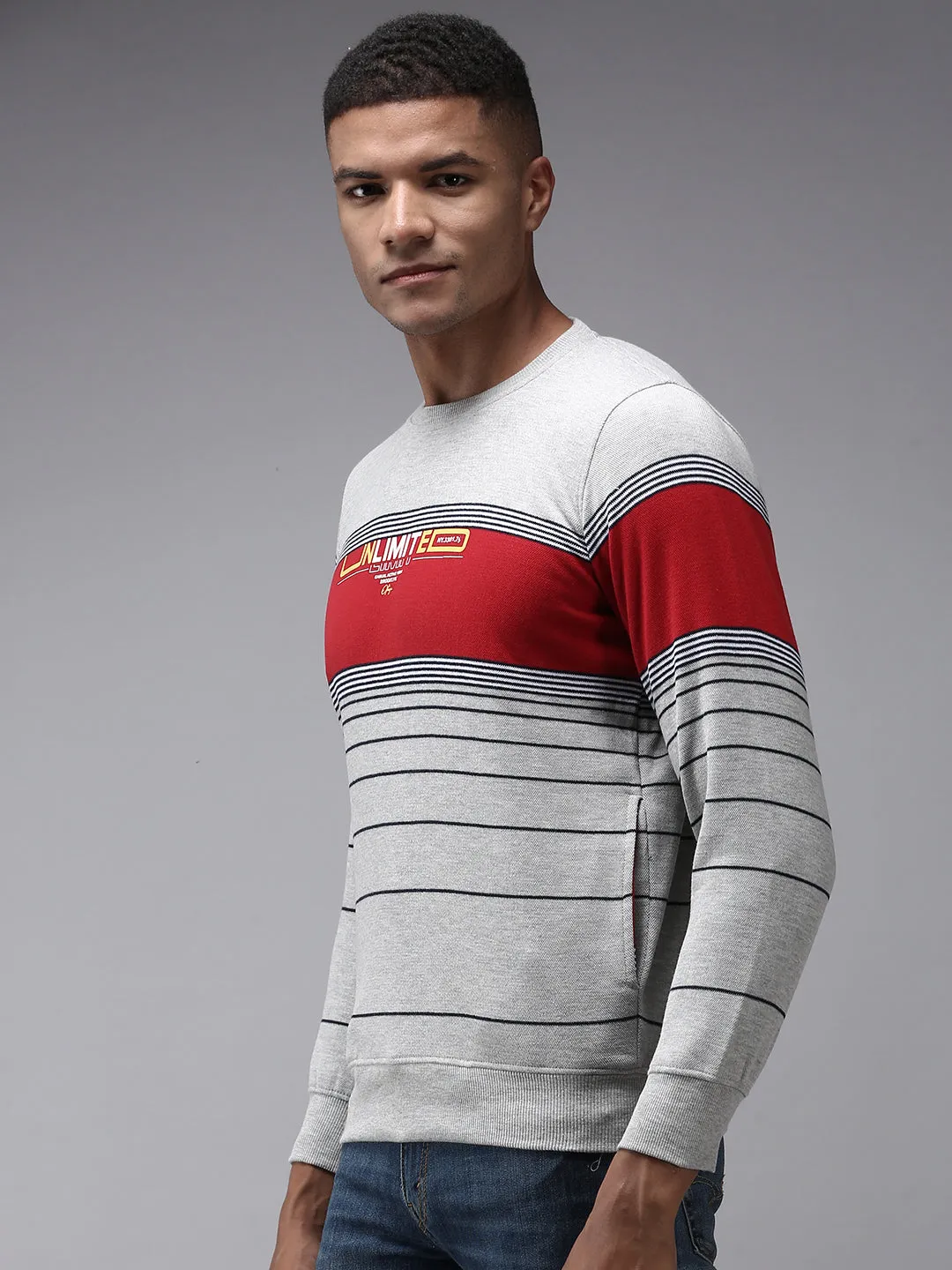 Men Grey Striped Sweatshirt