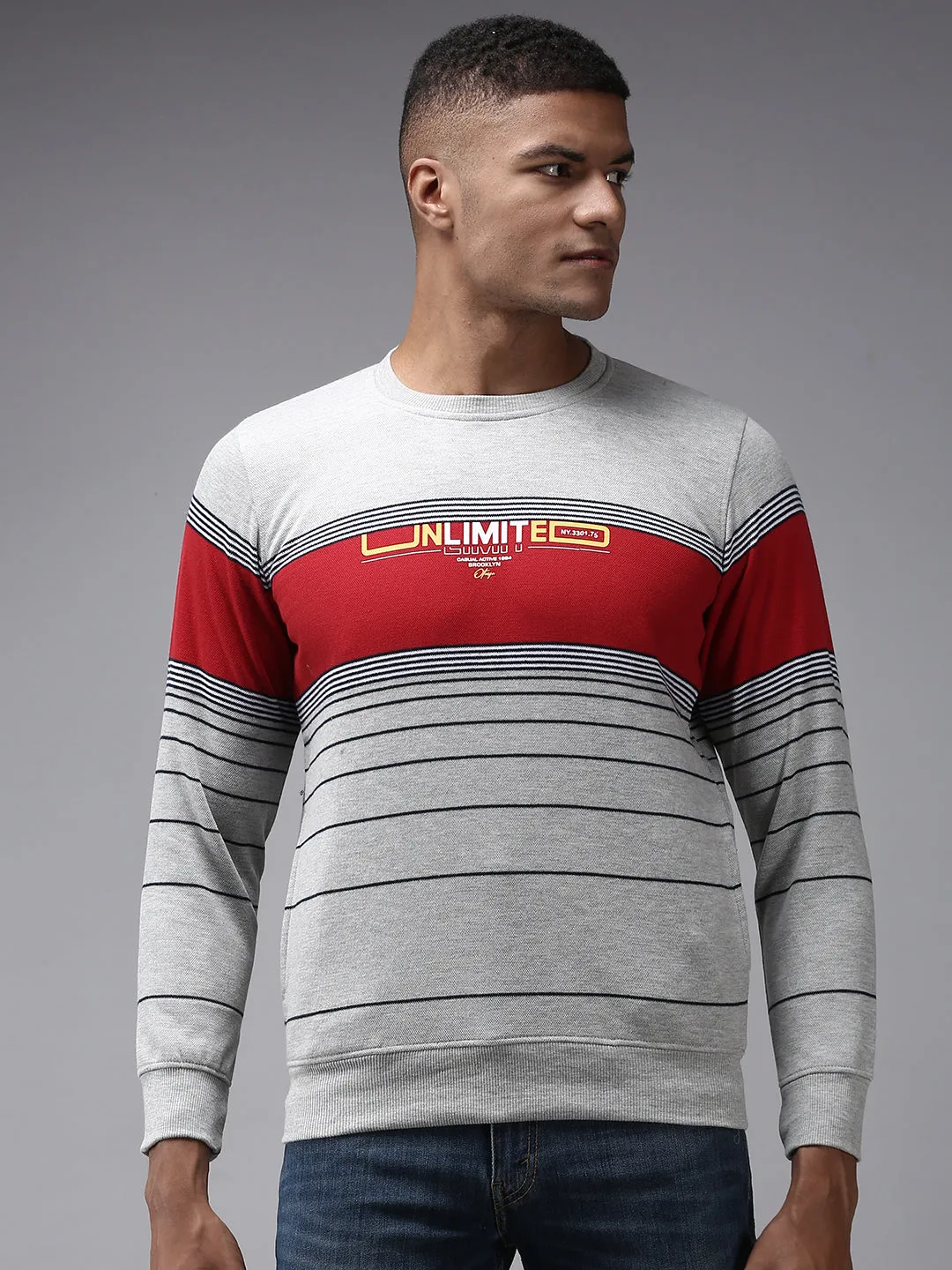 Men Grey Striped Sweatshirt