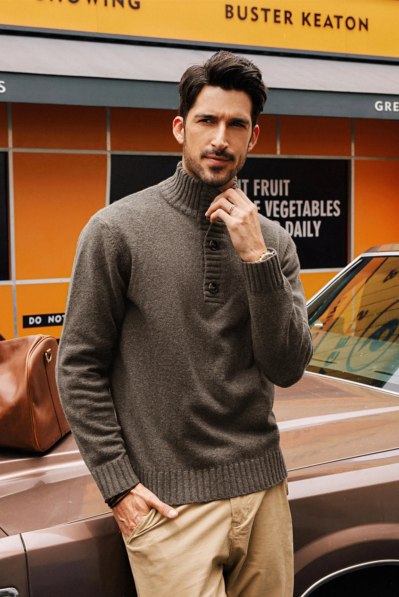 Men Stand Collar Sweater Long Sleeve Ribbed Cuff Pullover Jumper