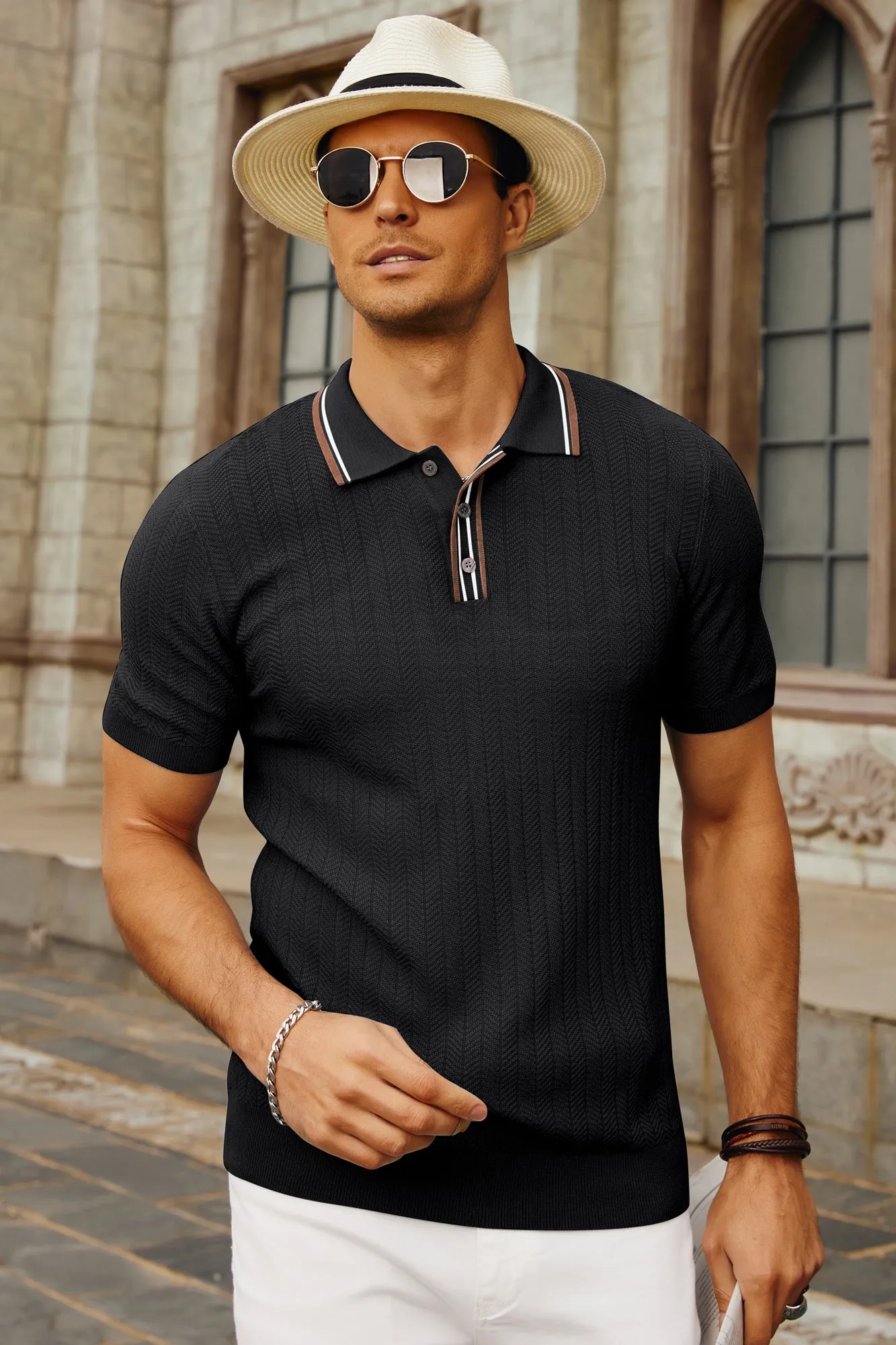 Mens Knitted Polo Shirts Short Sleeve Textured Pullover Golf Polo Pullover T Shirts