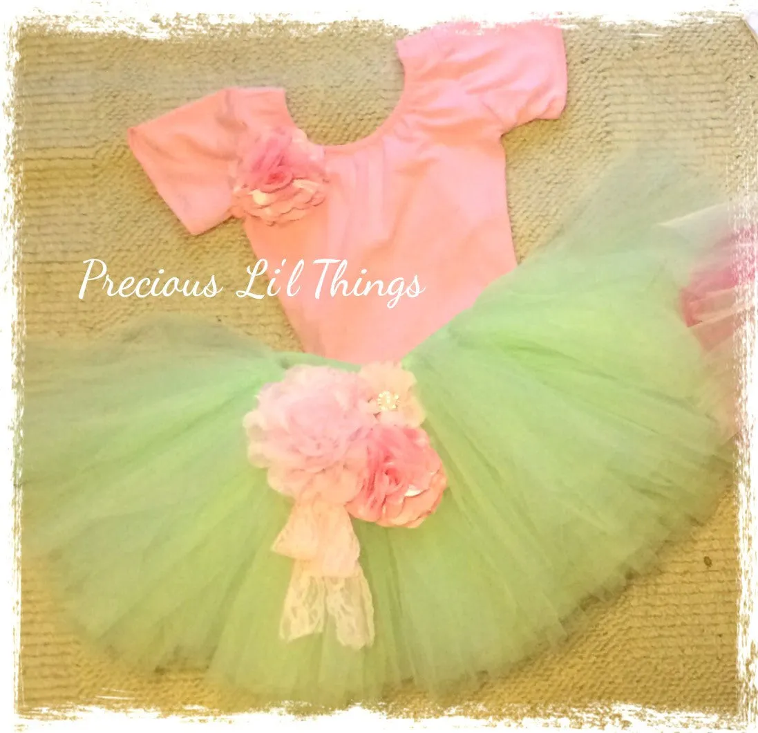 Mint green and pink vintage Baby & Girl Fluffy Floral Fairy Tutu Skirt