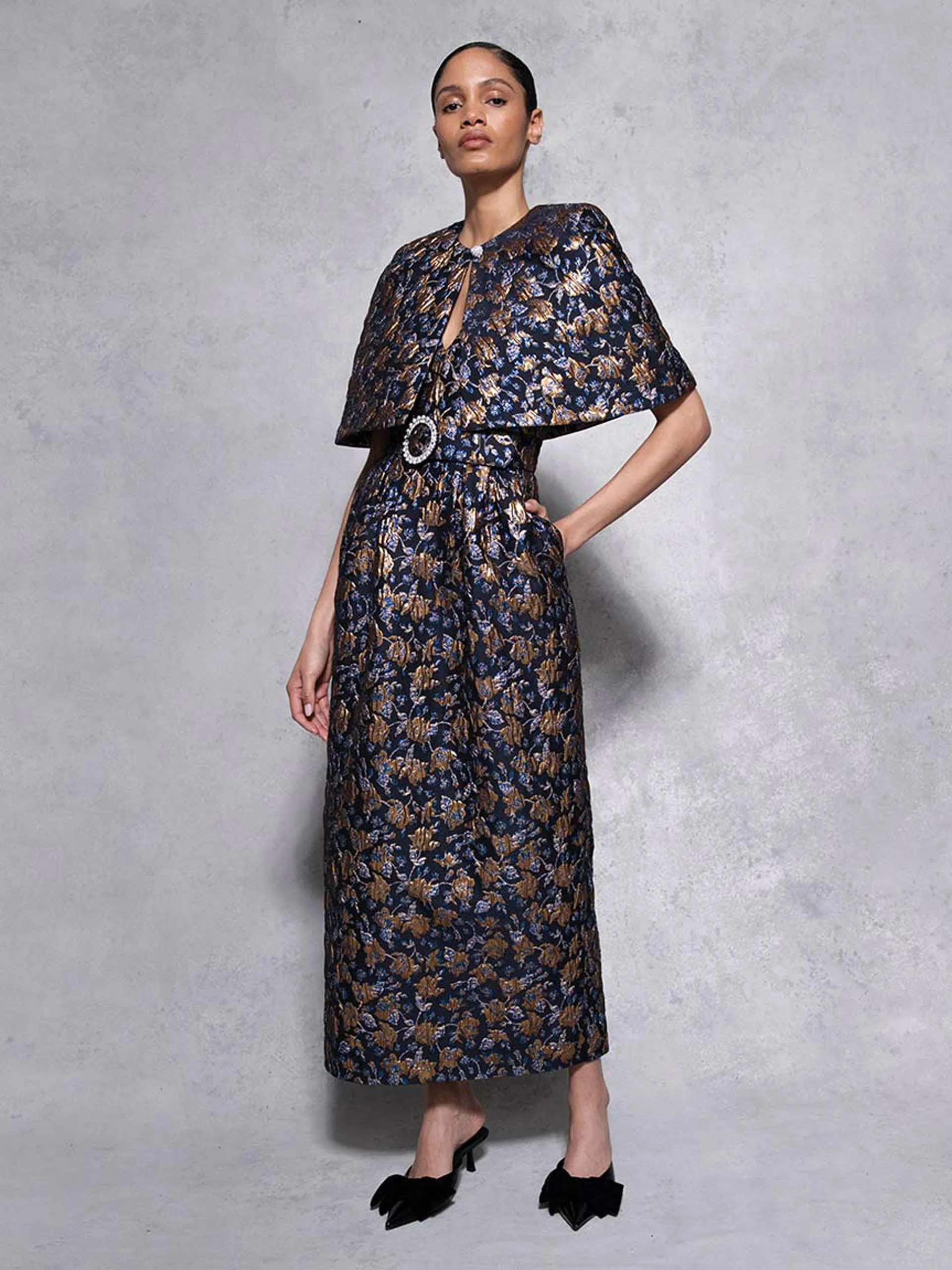 Navy and gold Merryn floral jacquard cape