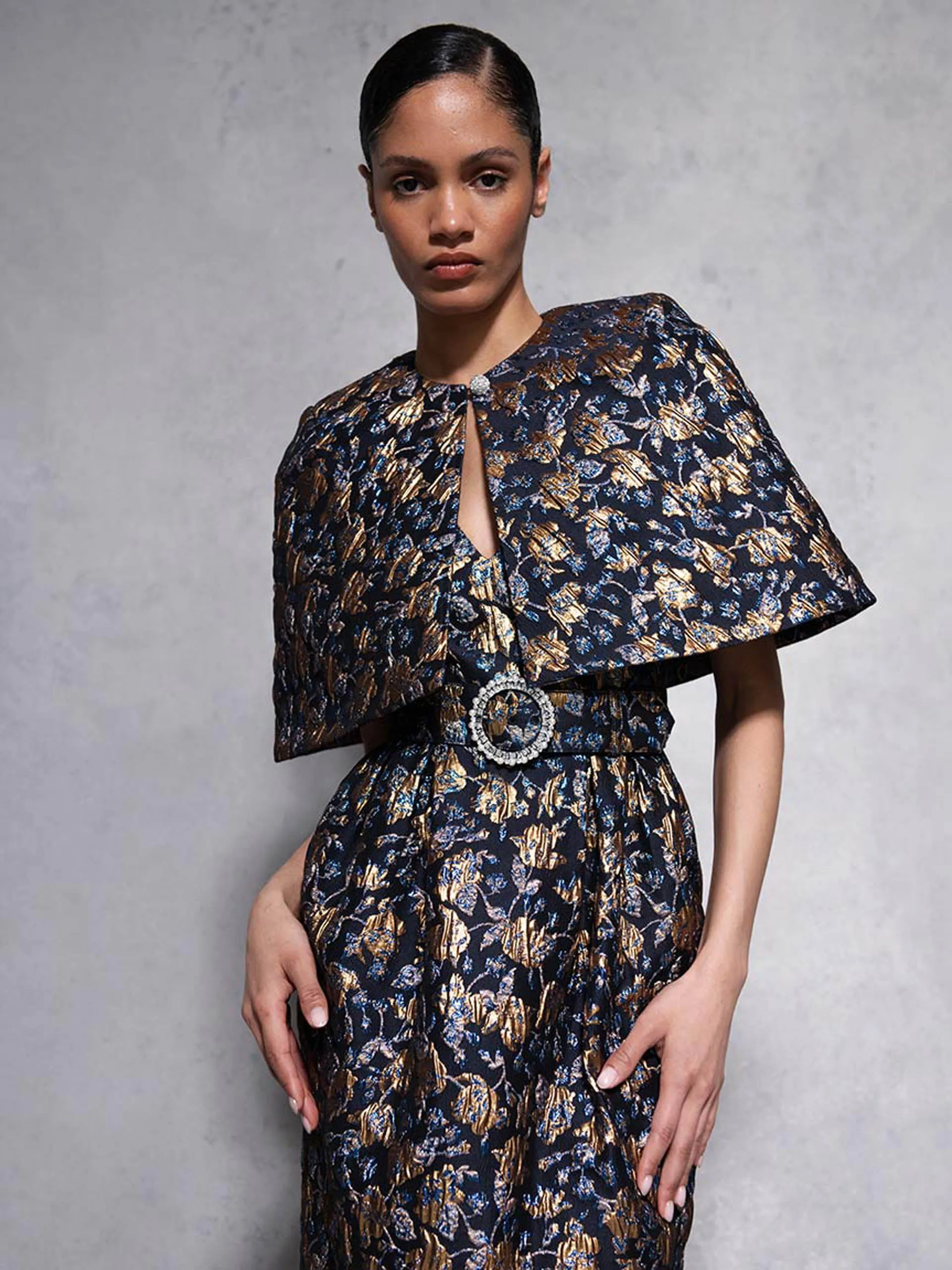 Navy and gold Merryn floral jacquard cape