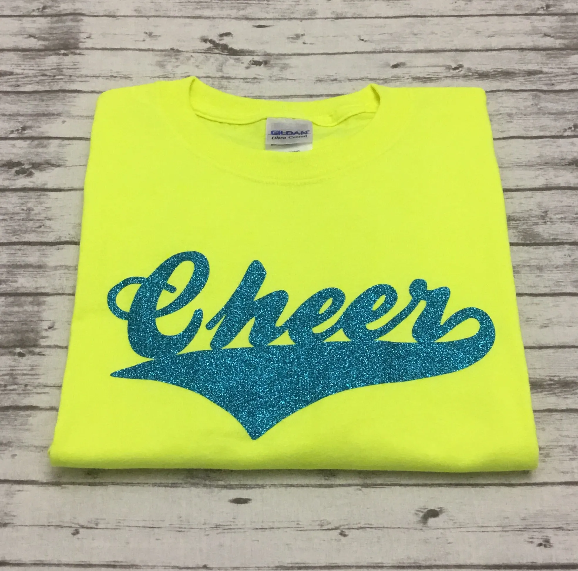 Neon Yellow Cheer T-shirt with Aqua Glitter Vinyl