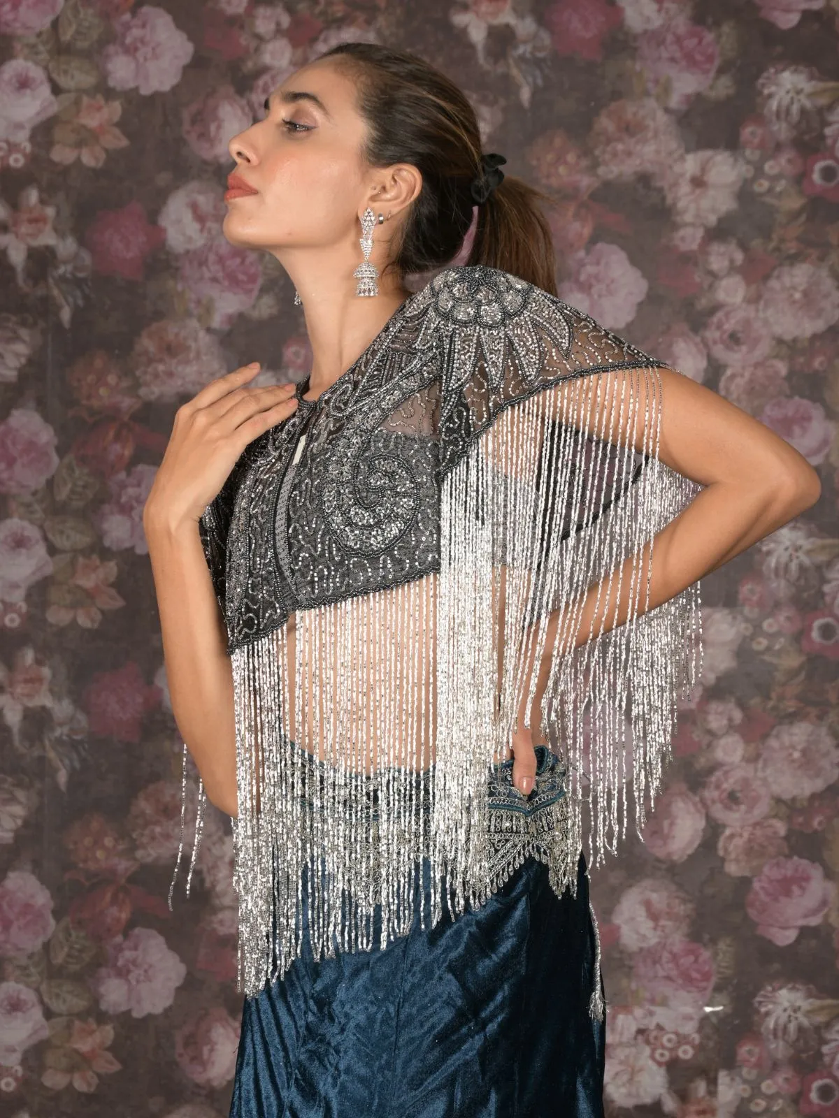 Odette Black and Silver Tasseled Cape For Women