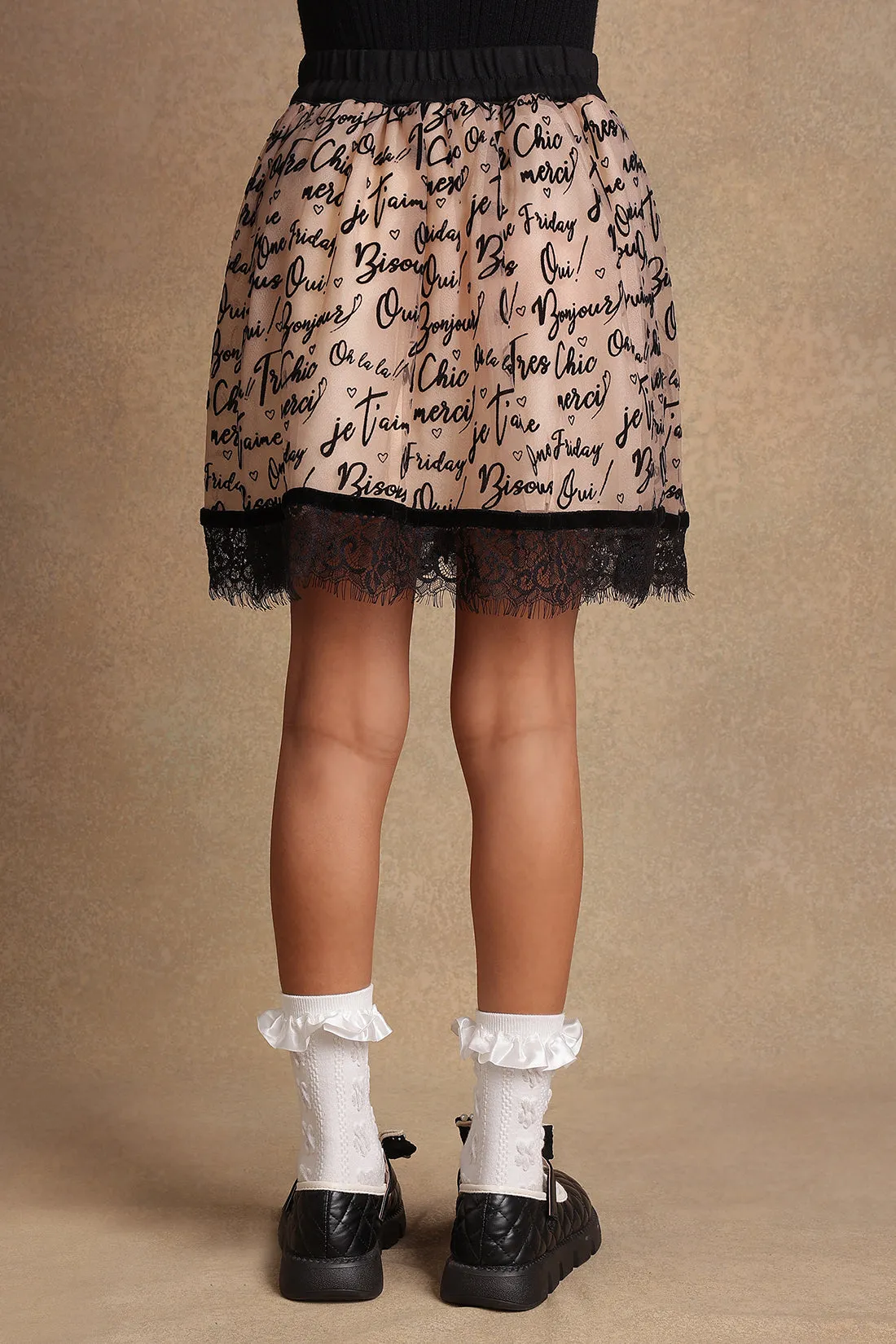 One Friday Kids Girls Beige Text Print Skirt