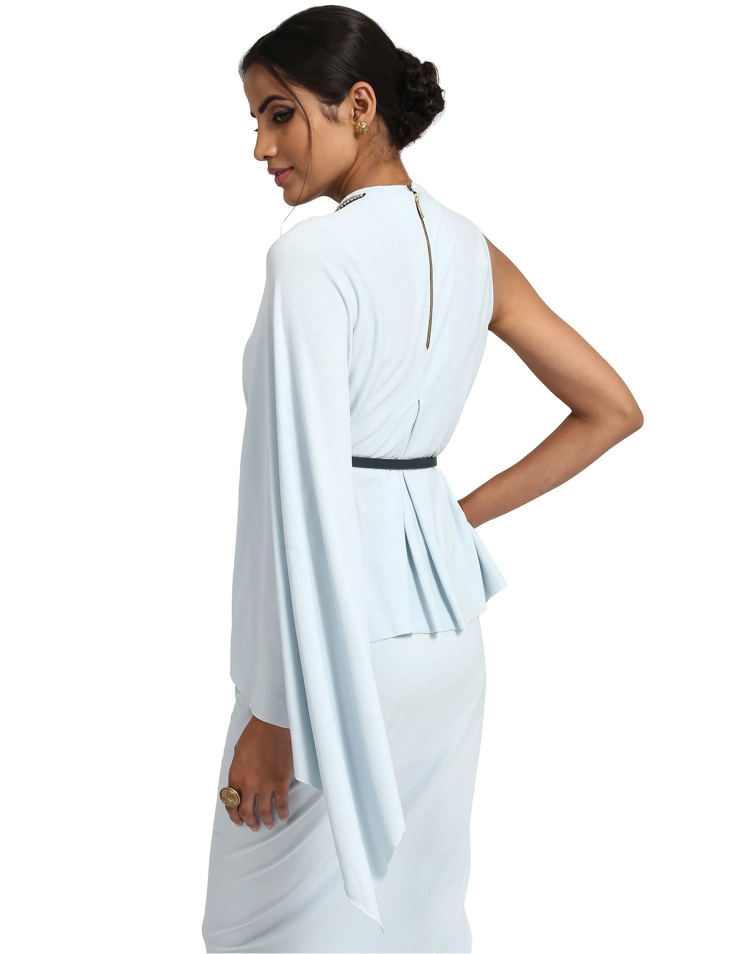 One-Shoulder Cape T-Shirt- Ice Blue