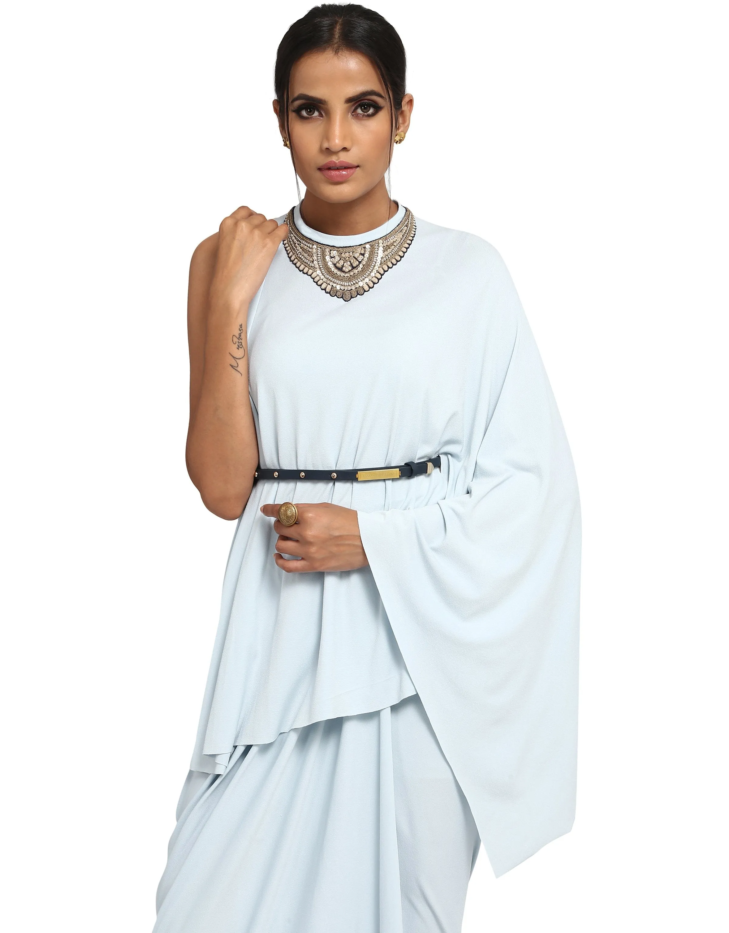 One-Shoulder Cape T-Shirt- Ice Blue