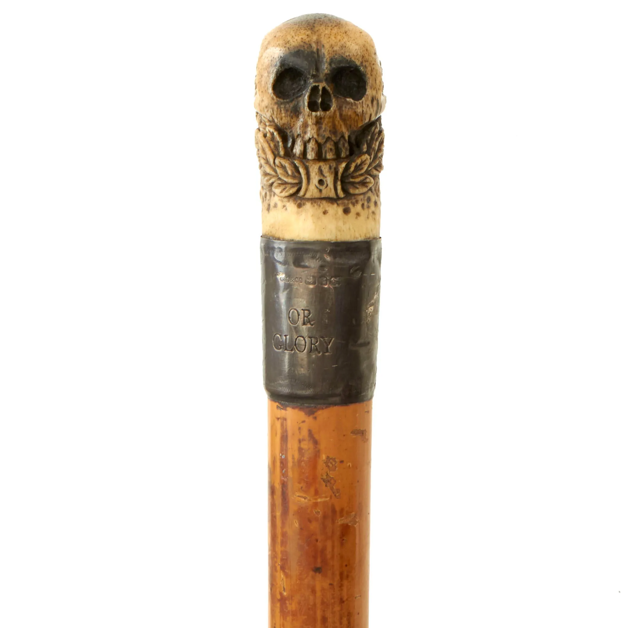 Original British WWI Death or Glory 17th Royal Lancers Officer’s Walking Cane with Carved Bone Skull Handle - Silver Hallmarked