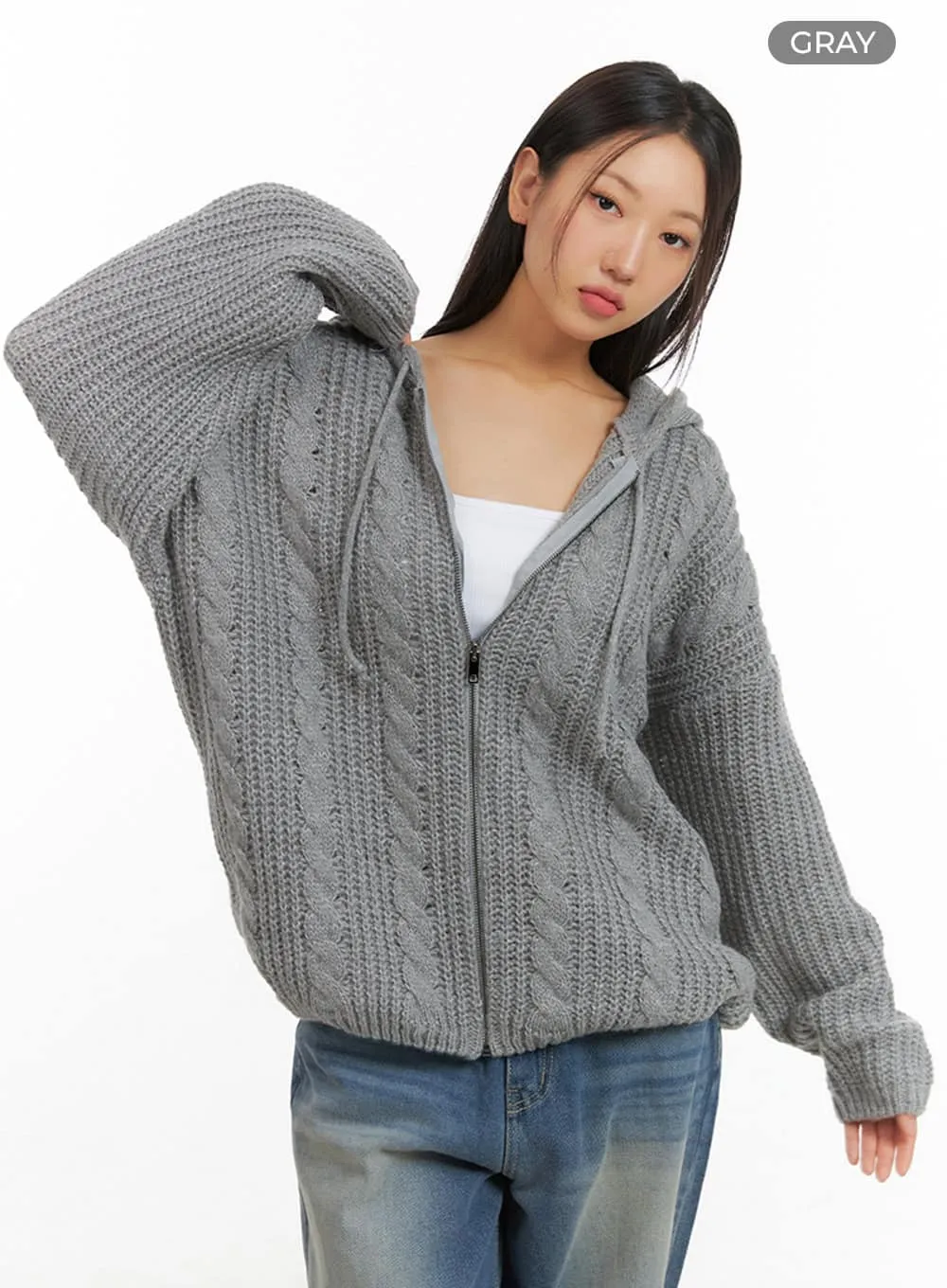 Oversized Cable Knit Hooded Sweater IS402