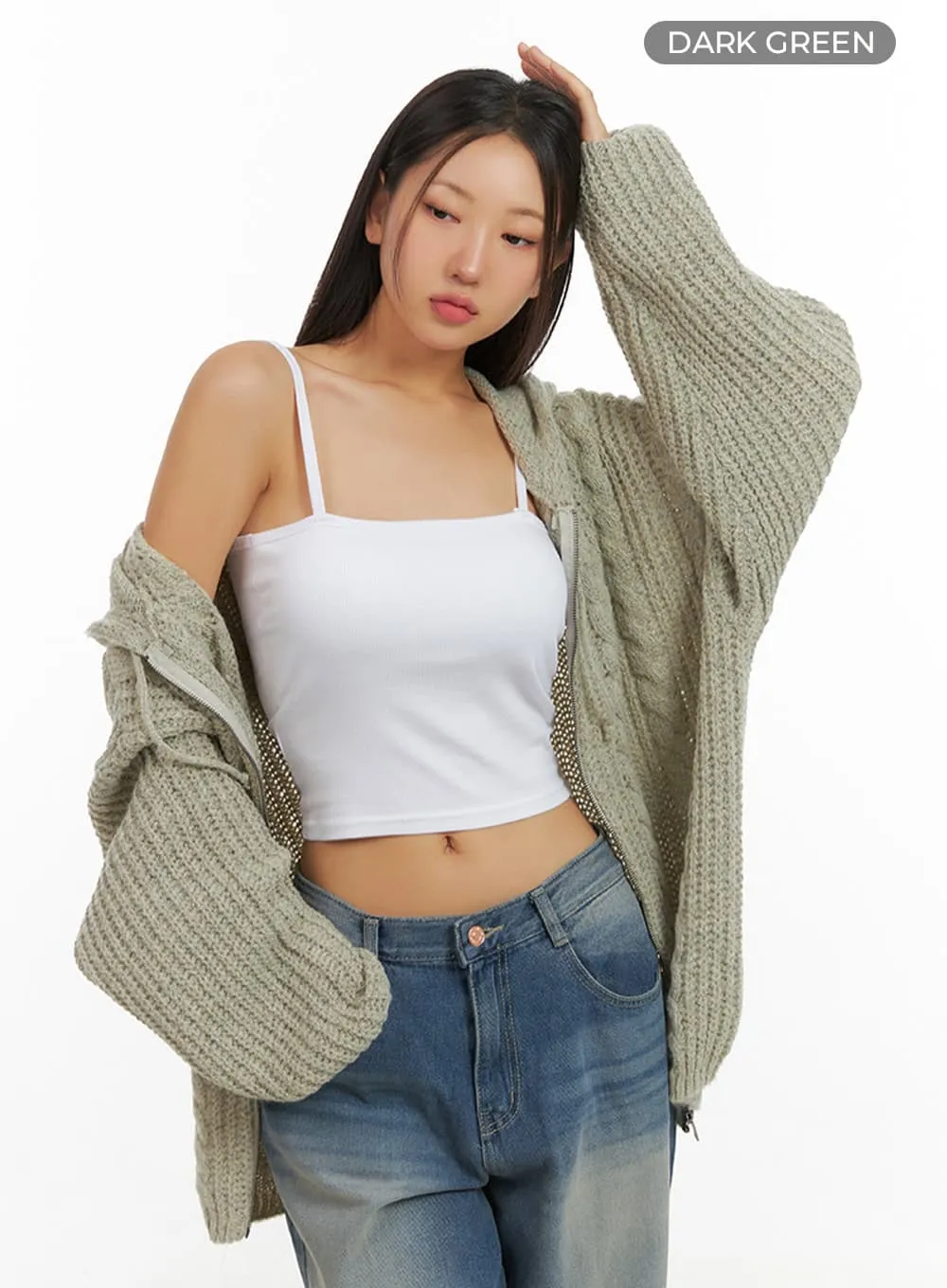 Oversized Cable Knit Hooded Sweater IS402