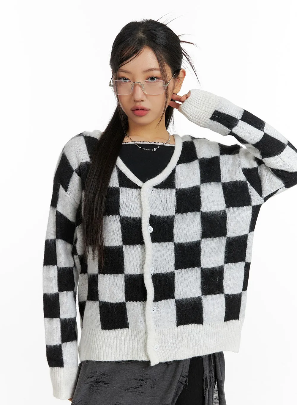 Oversized Checkered Cardigan CF427