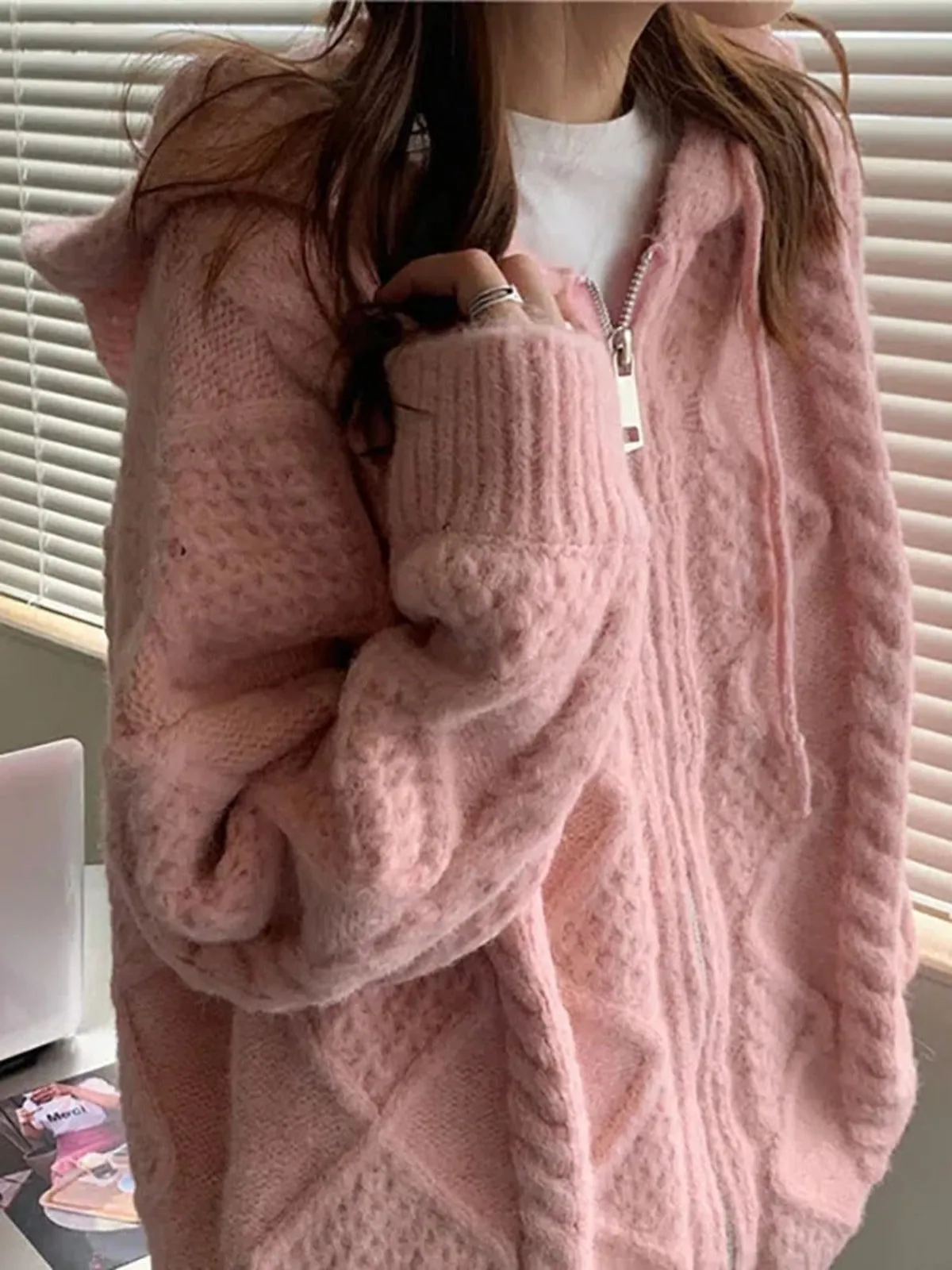 Pink Cable Knit Comfy Hoodie