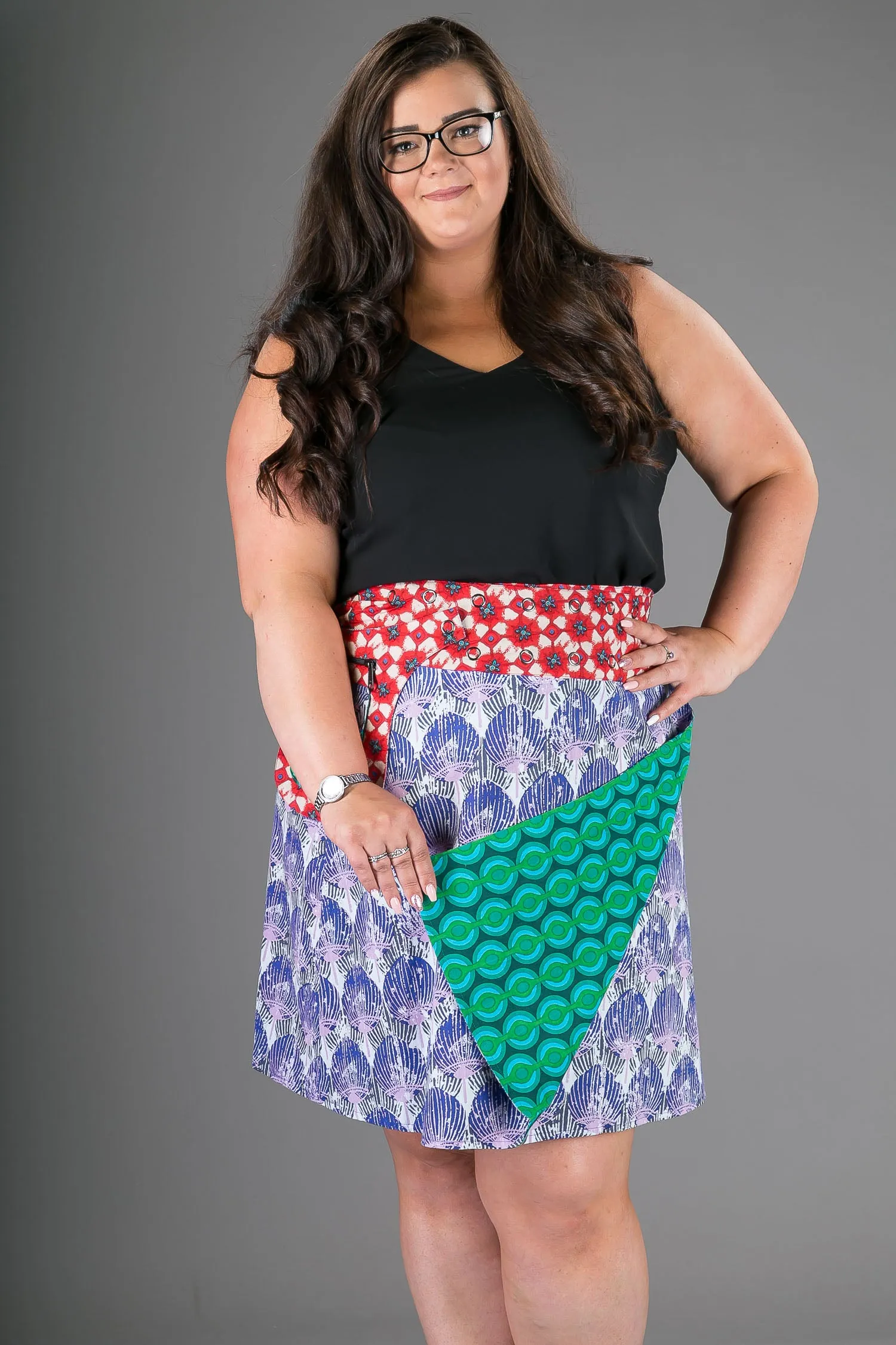 Plus Size Reversible Green Purple Cotton Skirt with Detachable Pocket