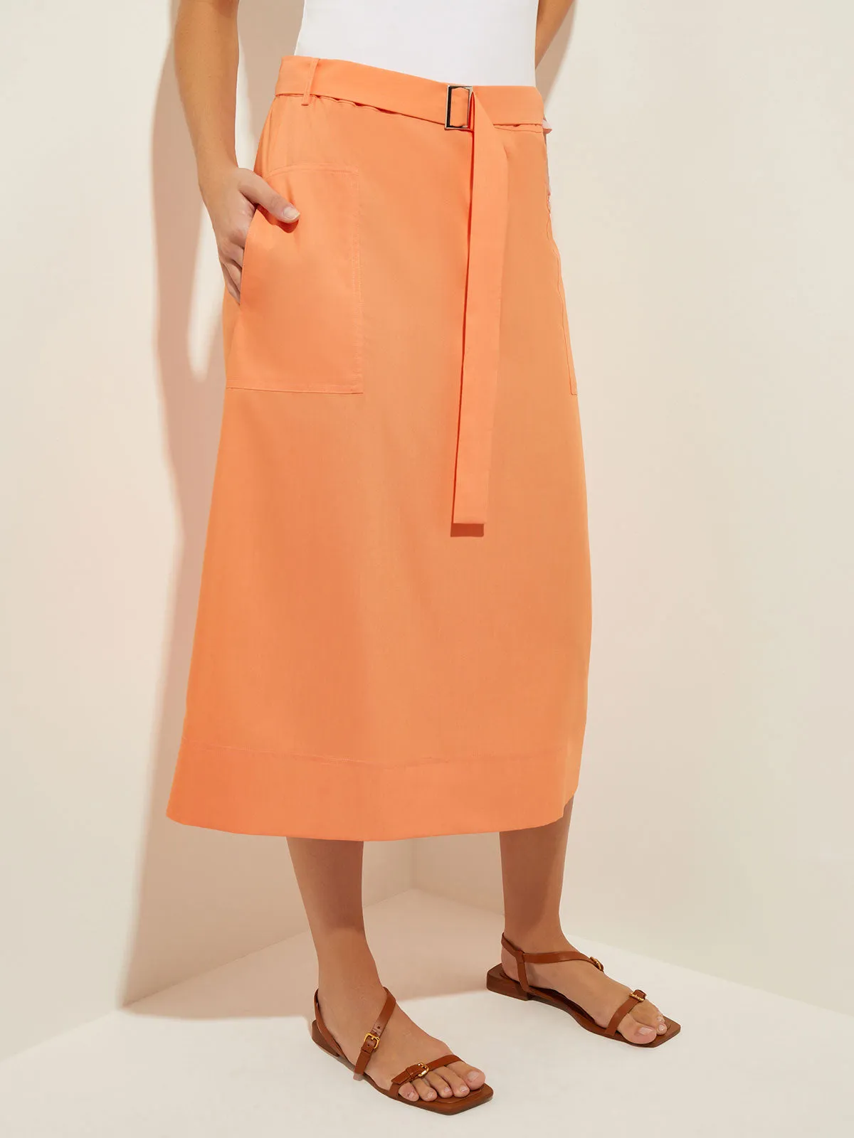 Pocketed Poplin A-Line Midi Skirt