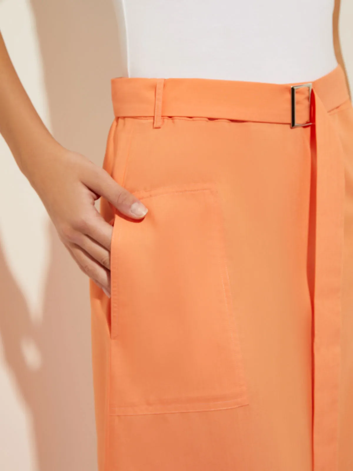 Pocketed Poplin A-Line Midi Skirt