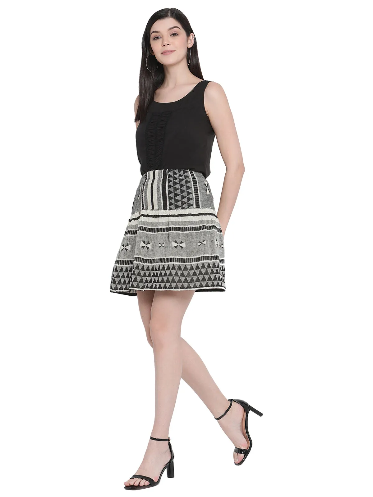 Porsorte Womens Black and Grey Cotton Handloom Bohemain Skirt