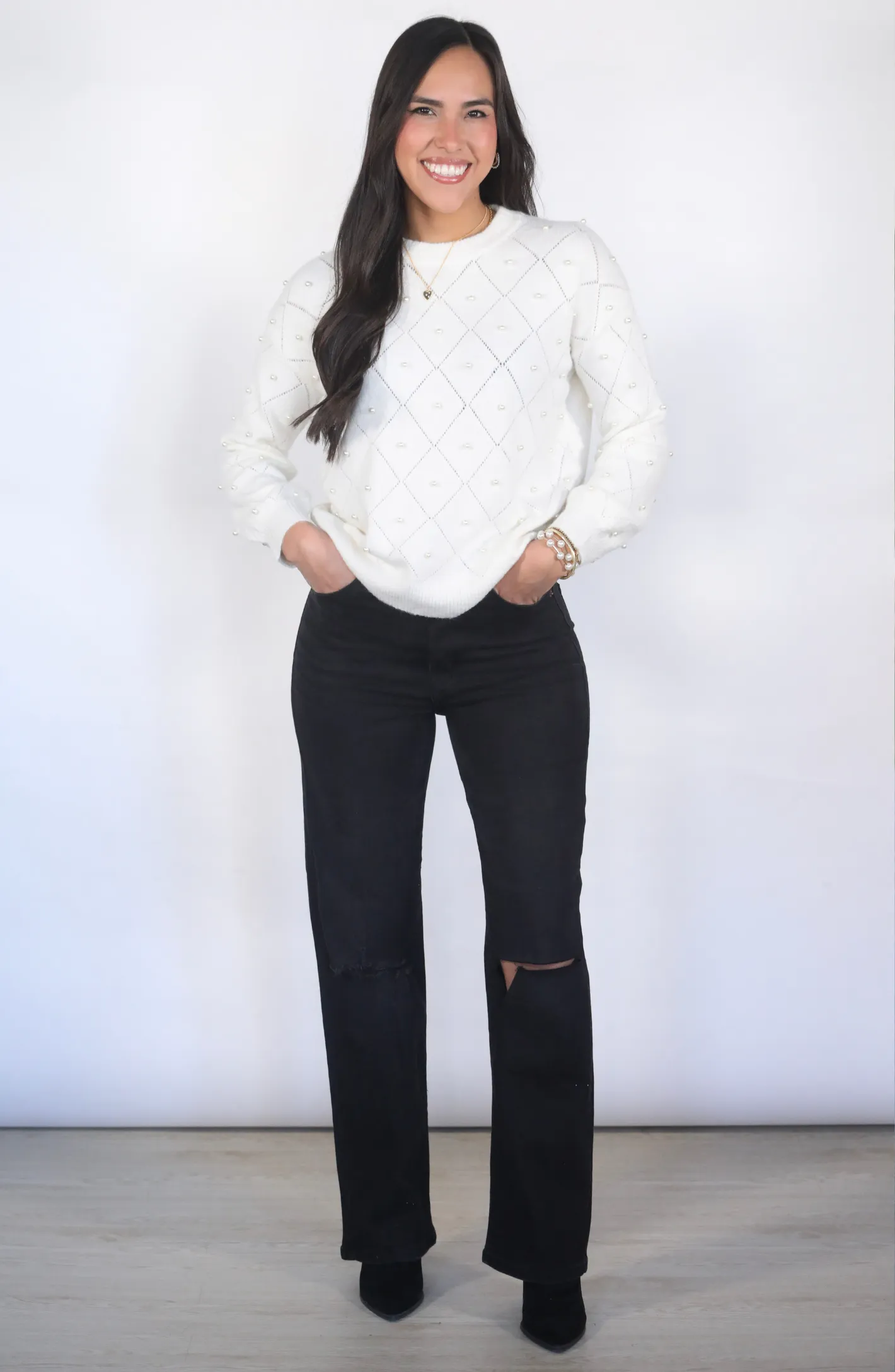 Pretty In Pearls Ivory Embellished Sweater