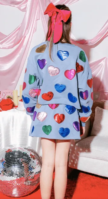 Queen Of Sparkles Rainbow Foil Heart Sweater in Dusty Blue