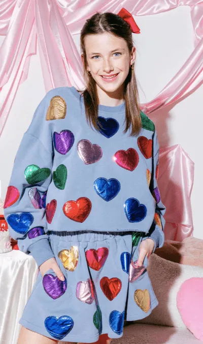 Queen Of Sparkles Rainbow Foil Heart Sweater in Dusty Blue