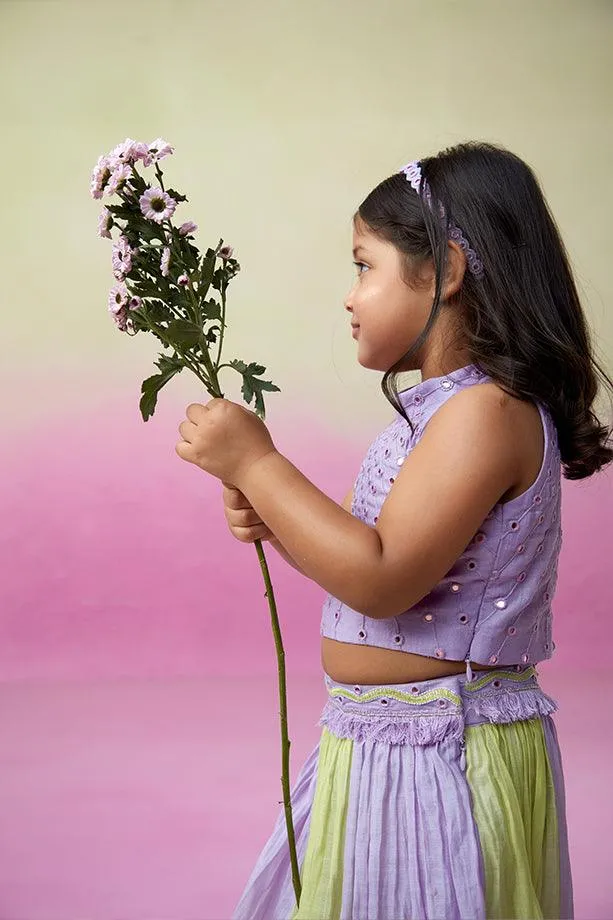 Rainbow Dream- Digital Lavender & Lime Hand Embroidered Skirt Top set for Girls