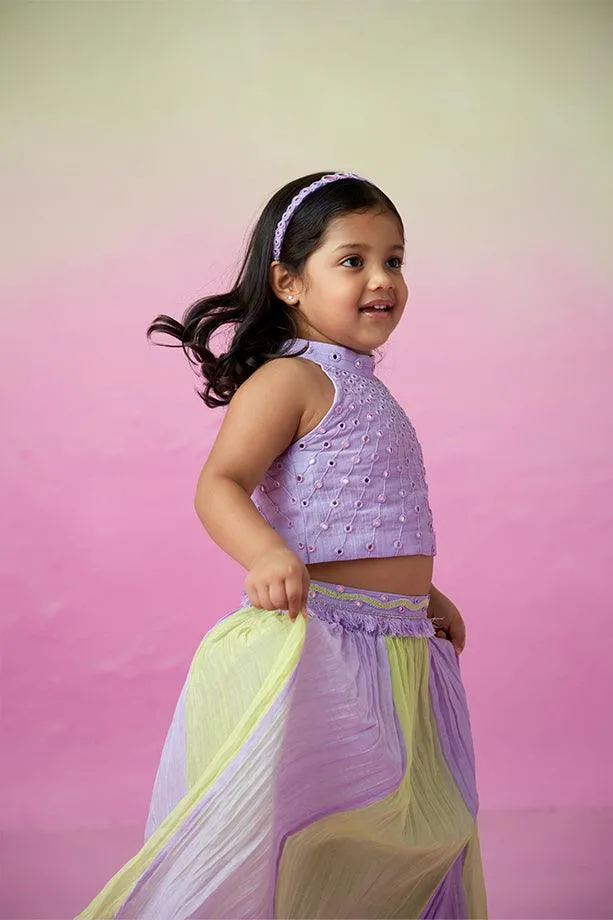 Rainbow Dream- Digital Lavender & Lime Hand Embroidered Skirt Top set for Girls