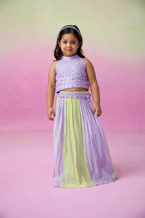 Rainbow Dream- Digital Lavender & Lime Hand Embroidered Skirt Top set for Girls