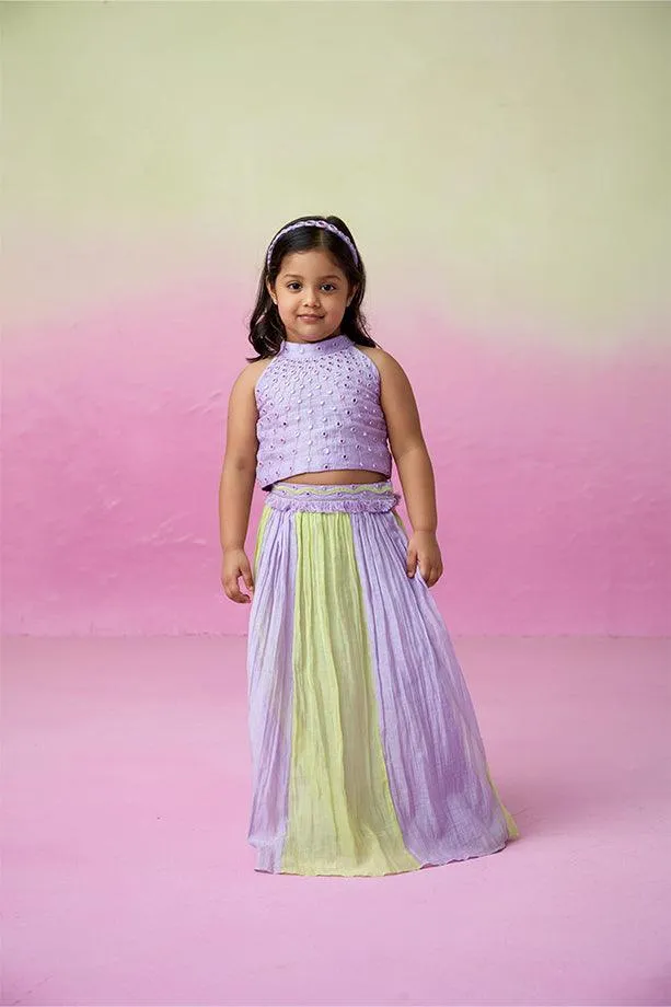 Rainbow Dream- Digital Lavender & Lime Hand Embroidered Skirt Top set for Girls