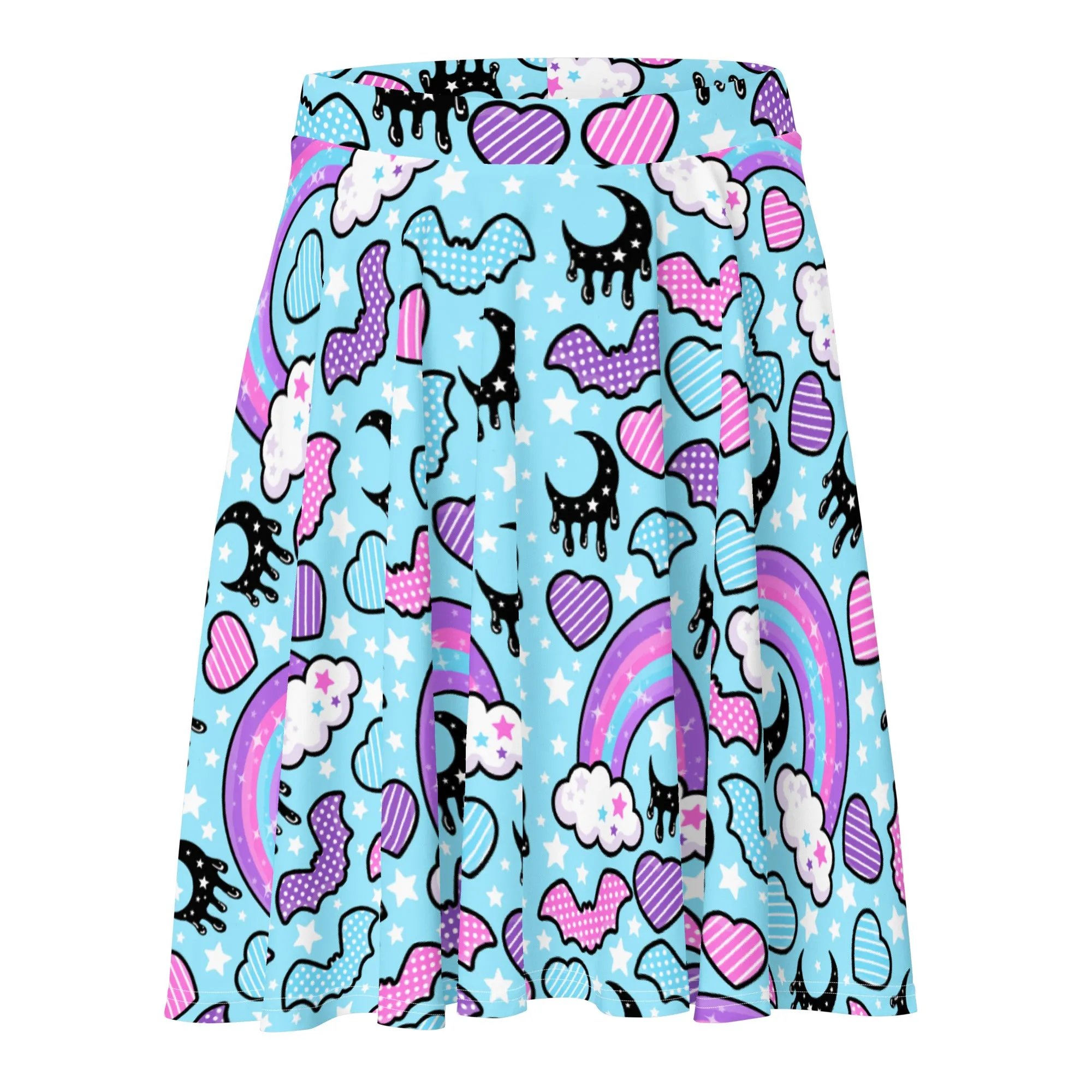 Rainbow Spooky Bats Blue Skater Skirt