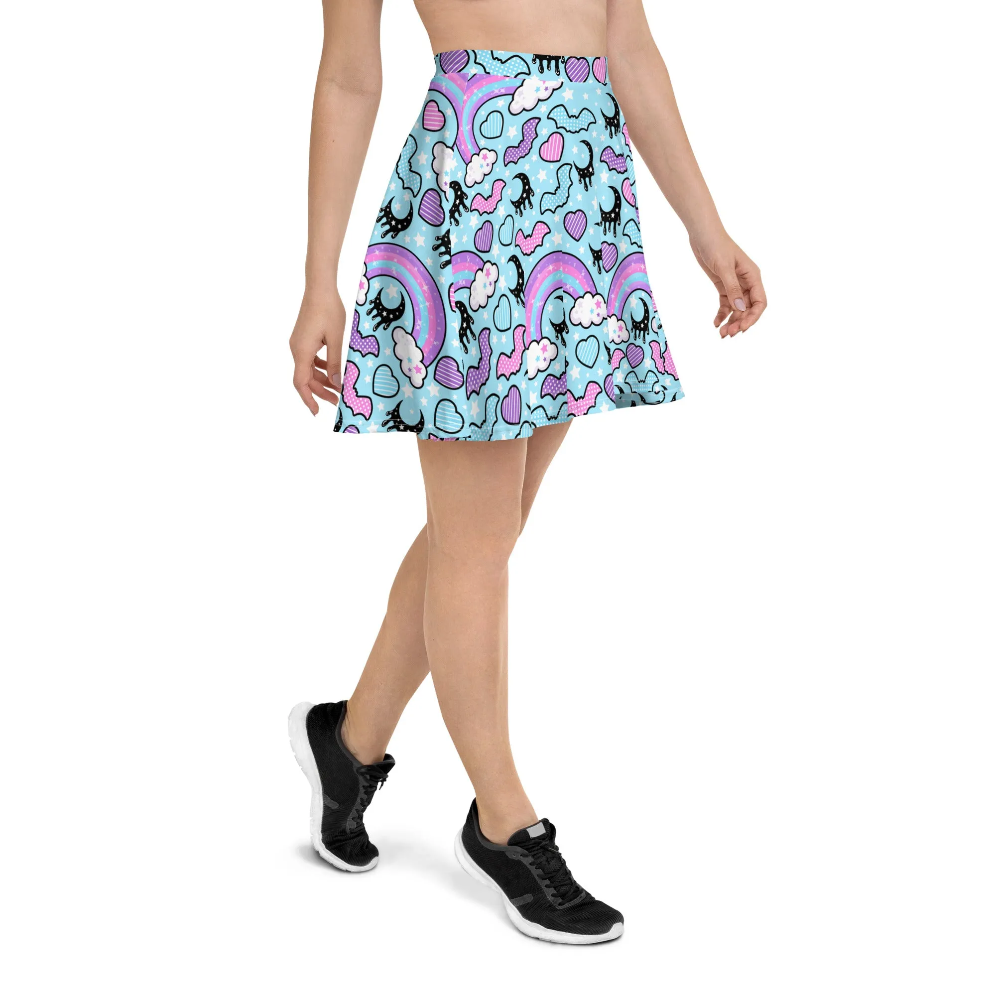 Rainbow Spooky Bats Blue Skater Skirt