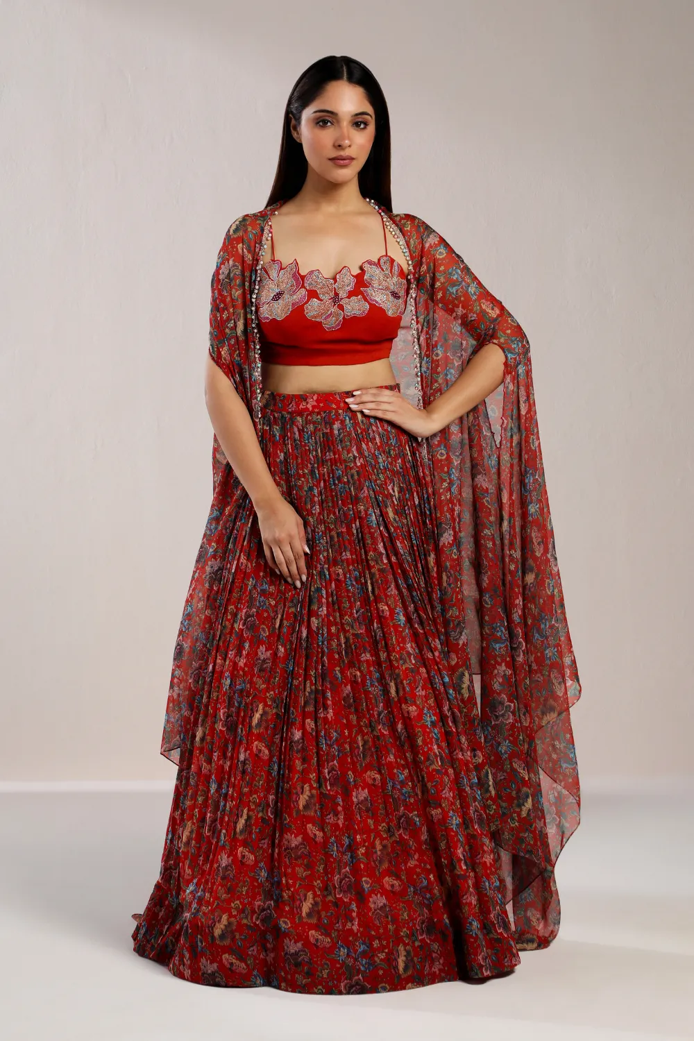 Red Printed Small Floral Lehenga Cape Set