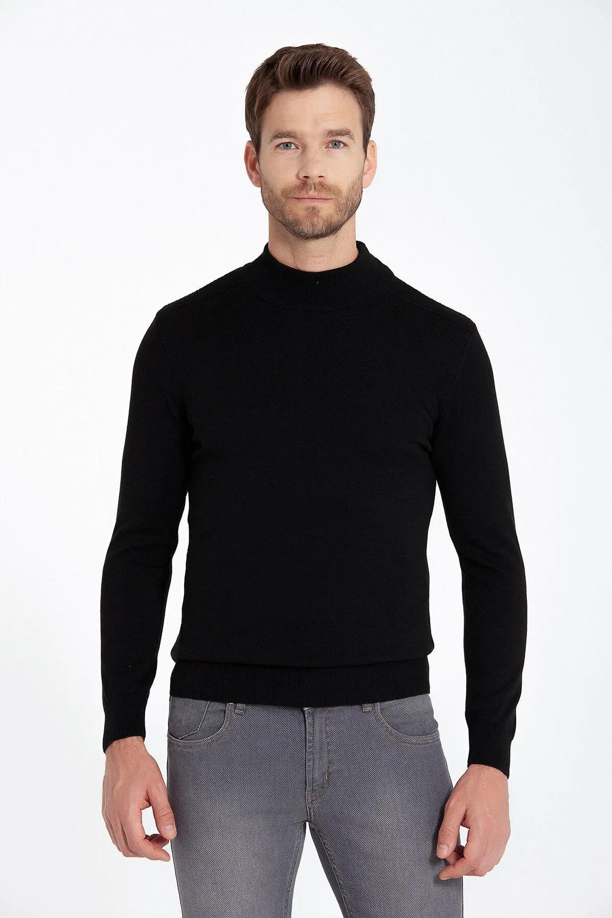 Regular Fit Black Cotton Blend Mock Neck Sweater