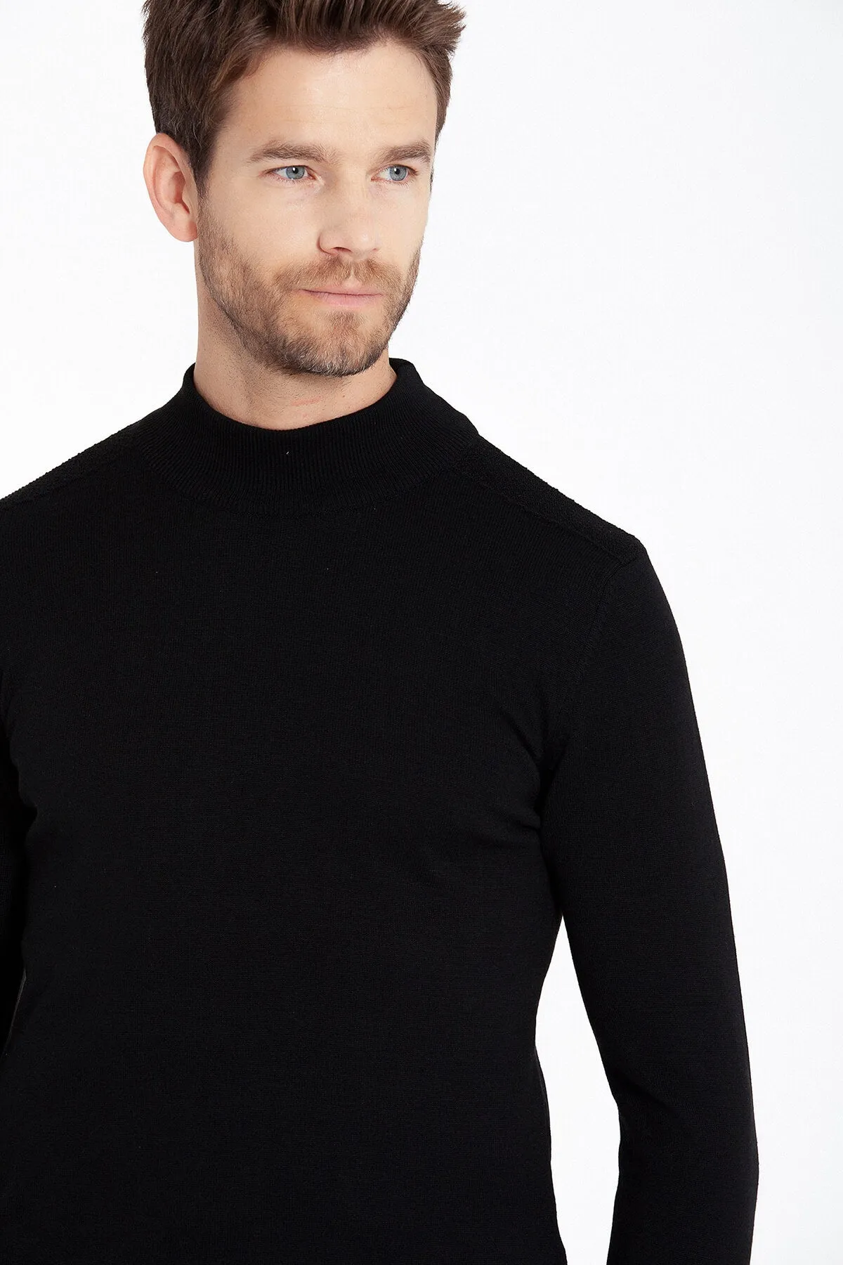 Regular Fit Black Cotton Blend Mock Neck Sweater