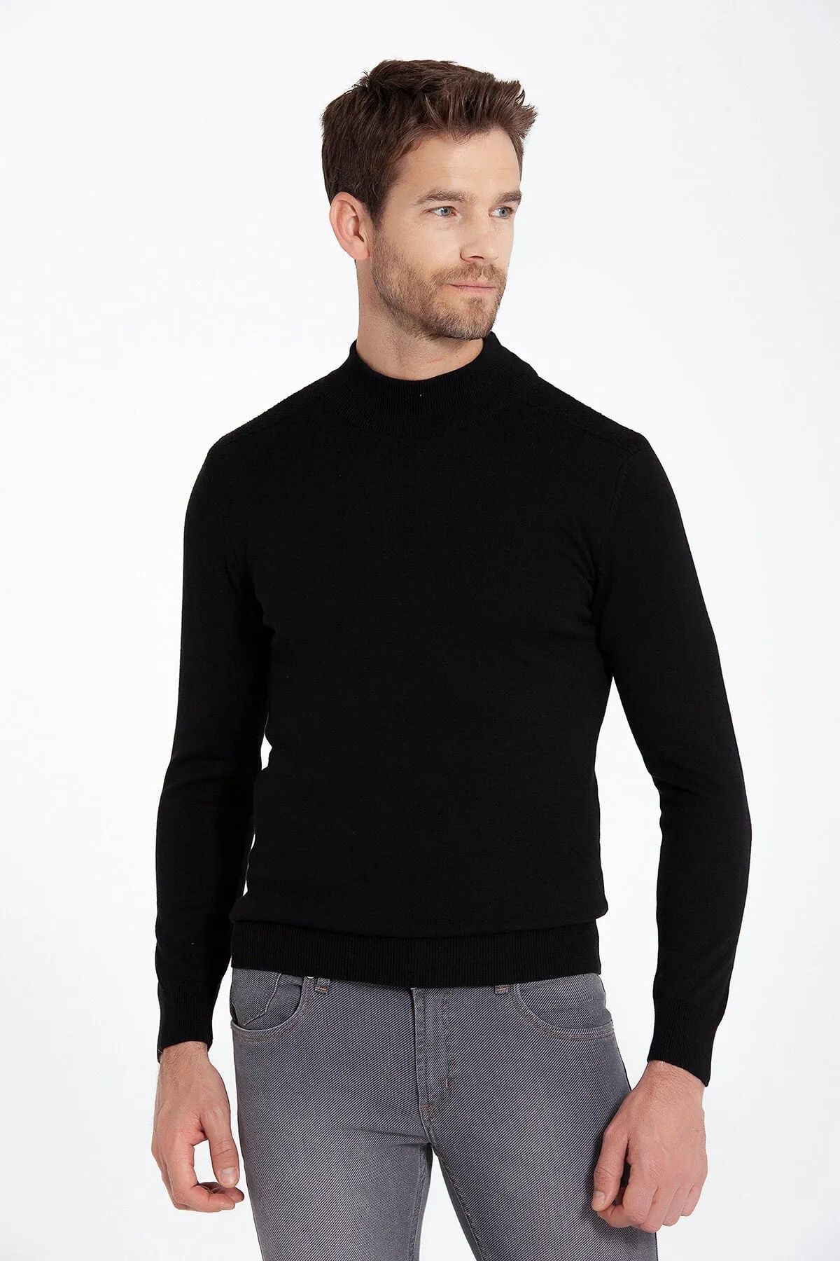 Regular Fit Black Cotton Blend Mock Neck Sweater