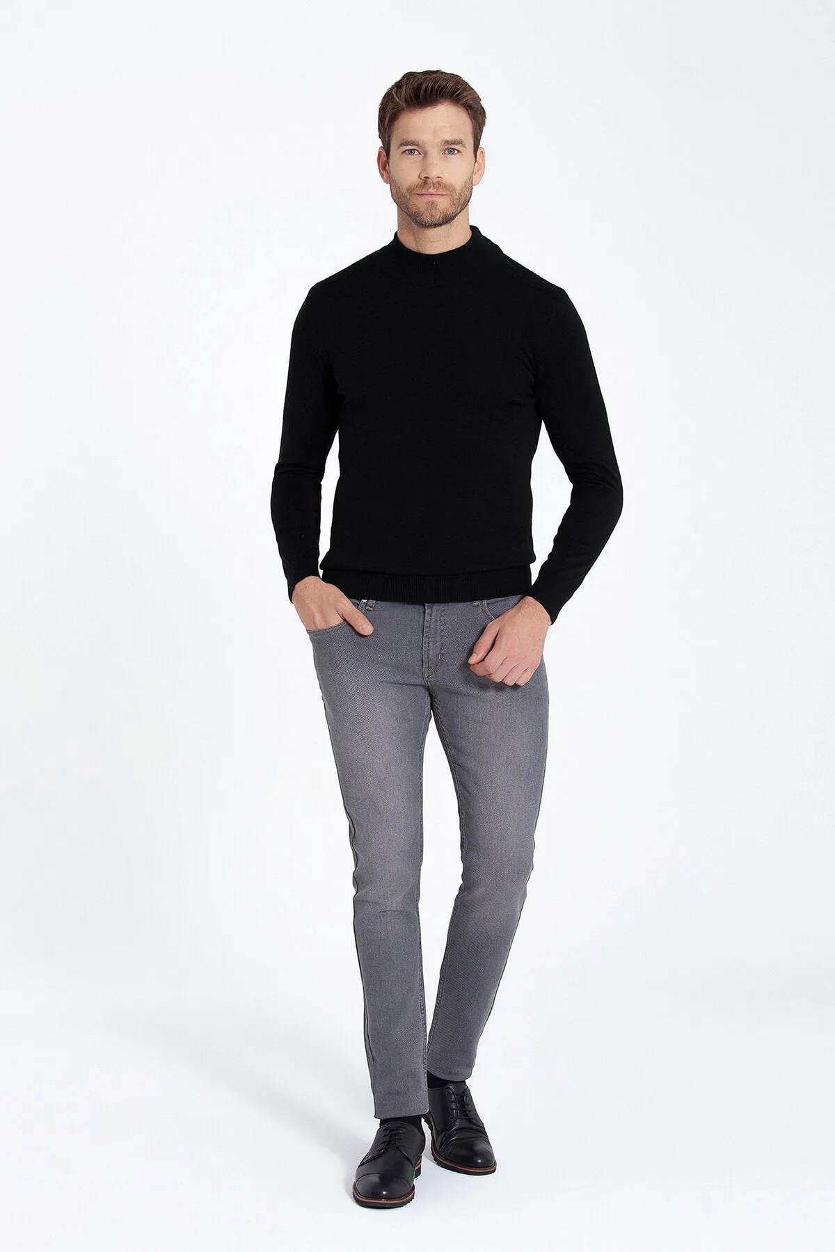 Regular Fit Black Cotton Blend Mock Neck Sweater