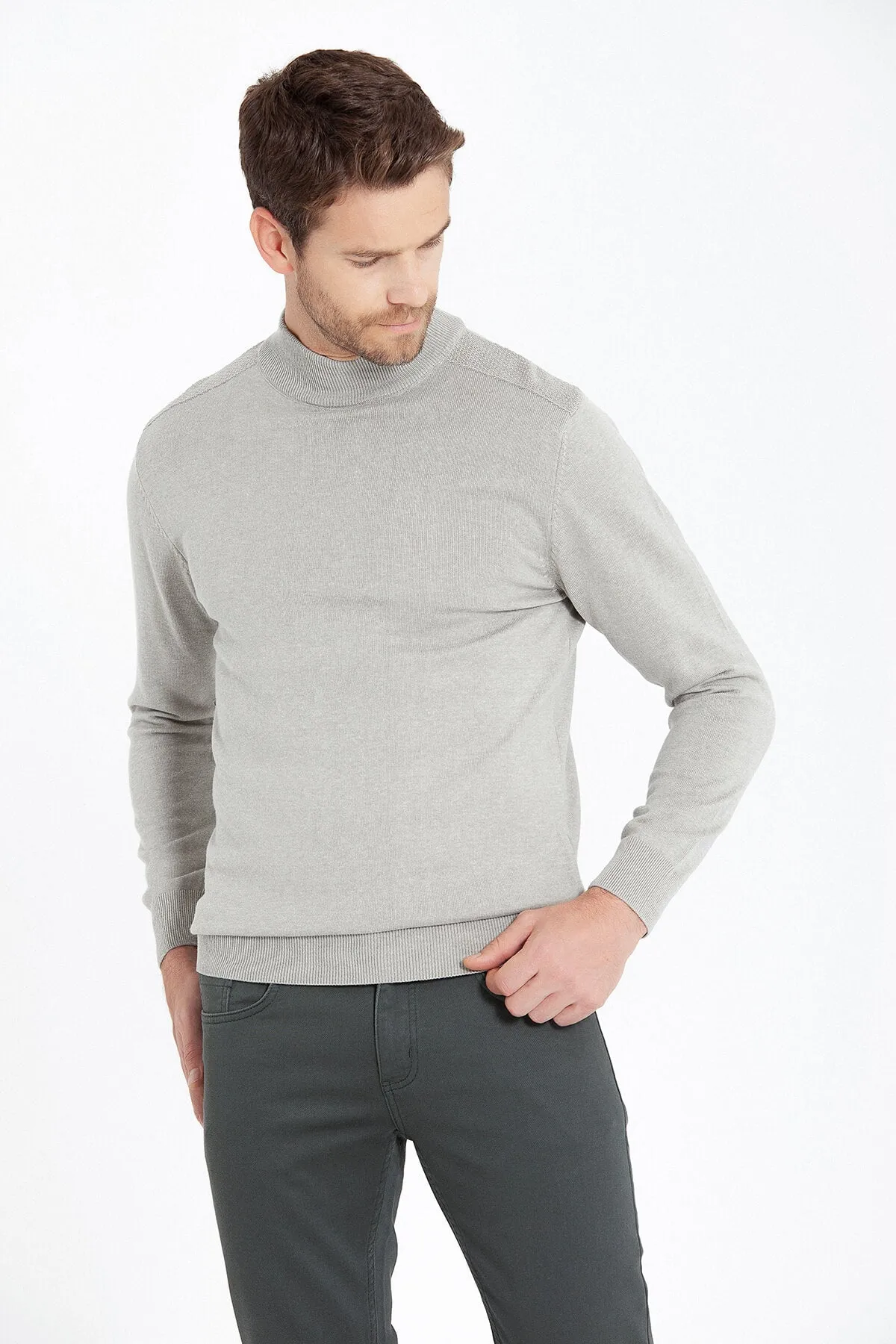 Regular Fit Patterned Cotton Blend Gray Mock Neck Sweater, Cement