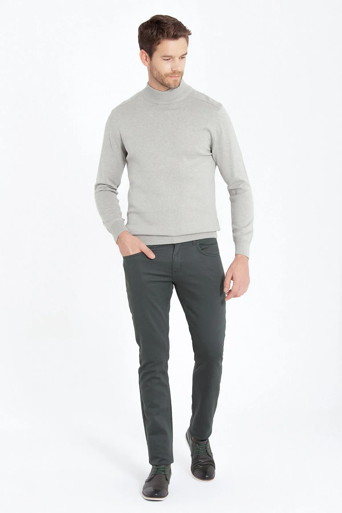 Regular Fit Patterned Cotton Blend Gray Mock Neck Sweater, Cement