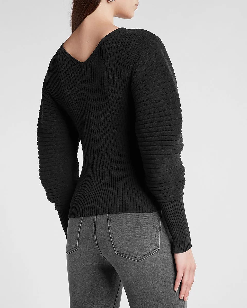 Ribbed Sculpted Sleeve V-Neck Sweater in Pitch Black