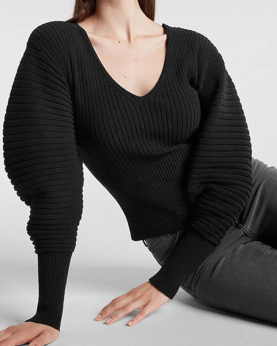 Ribbed Sculpted Sleeve V-Neck Sweater in Pitch Black