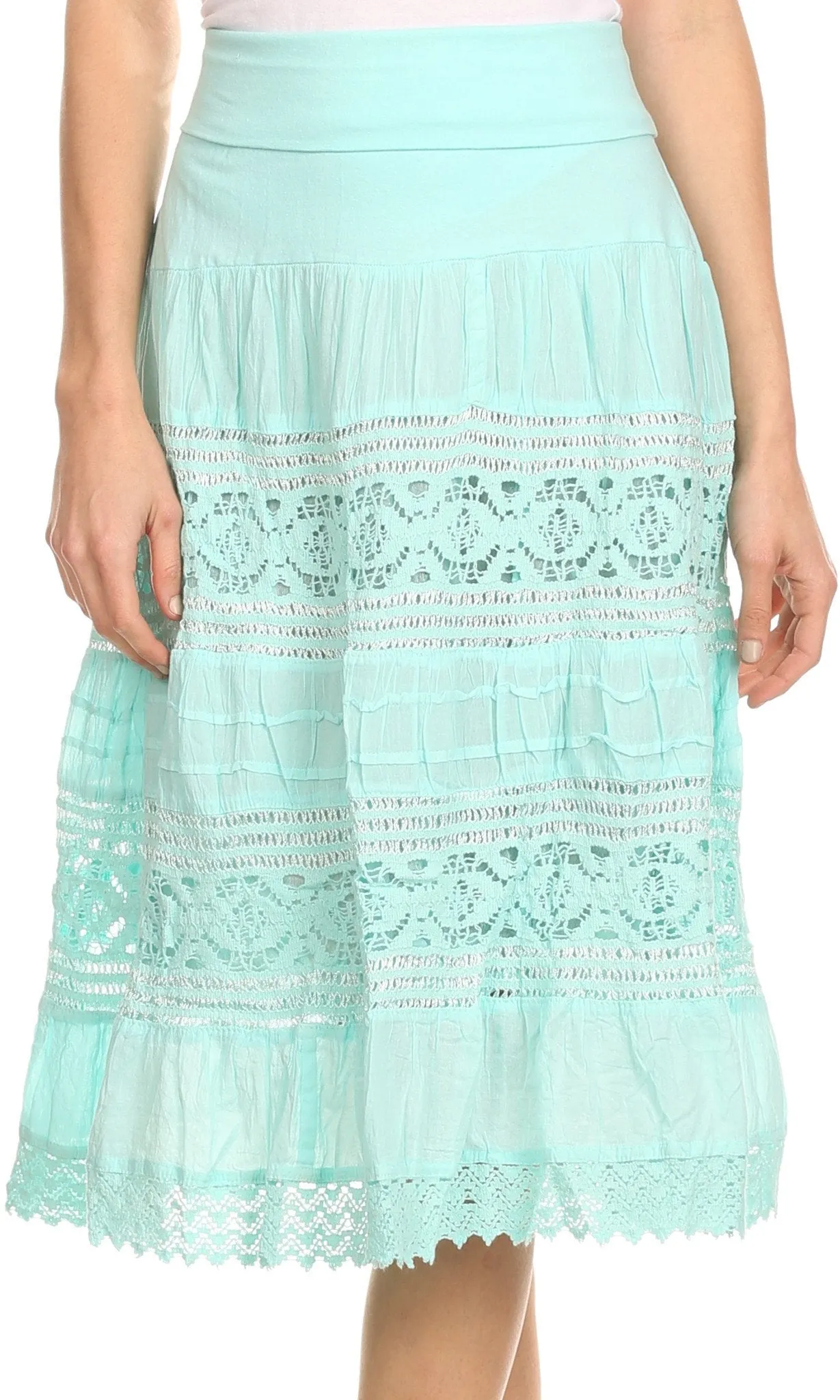 Sakkas Stephanie Crochet Lace Knee-Length Cotton Skirt with Fold-Over Waistband