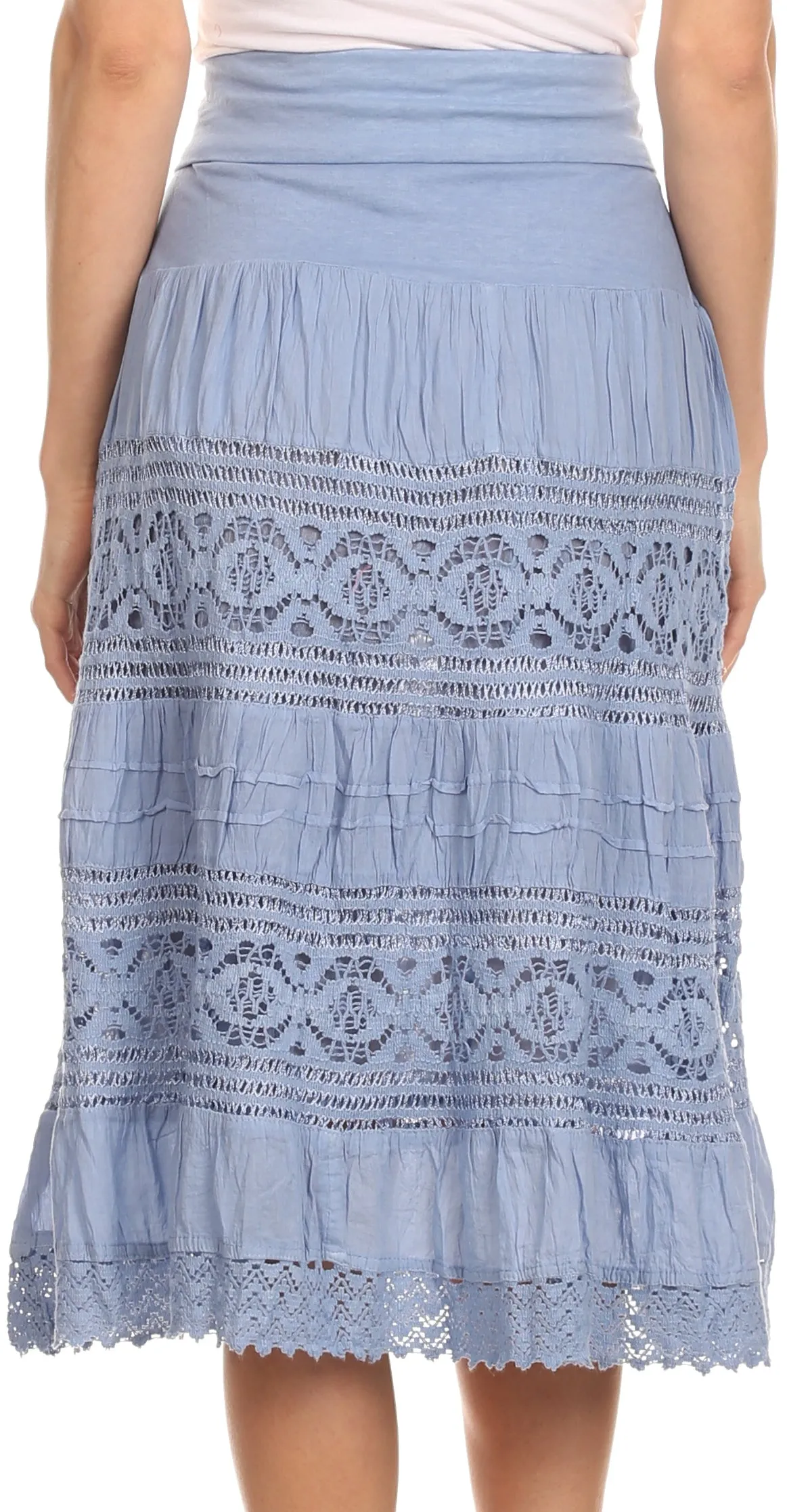 Sakkas Stephanie Crochet Lace Knee-Length Cotton Skirt with Fold-Over Waistband