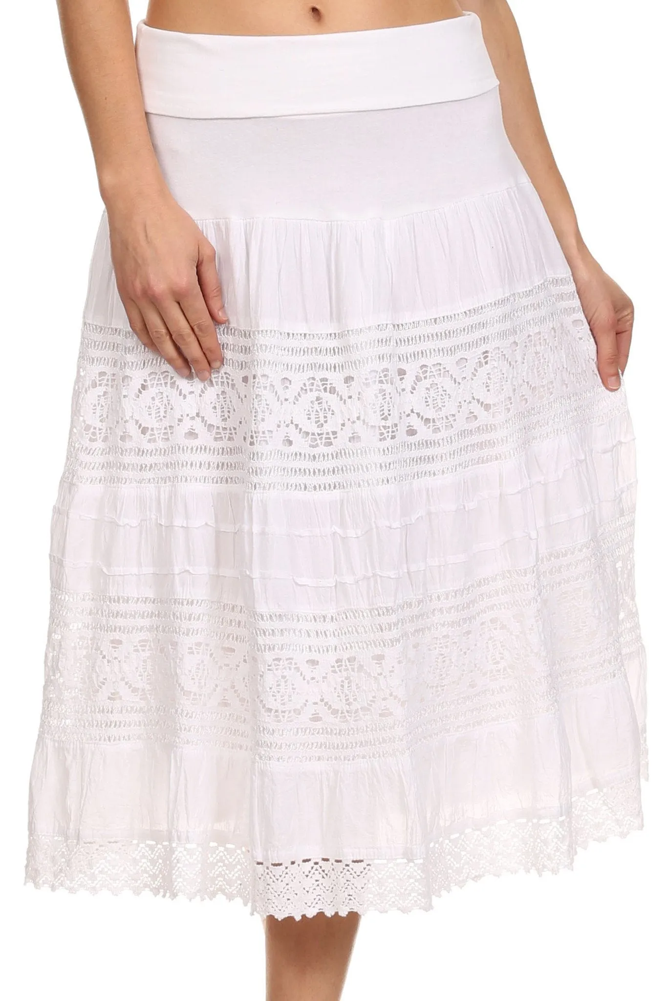 Sakkas Stephanie Crochet Lace Knee-Length Cotton Skirt with Fold-Over Waistband