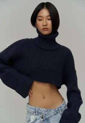 SALE- SOPHIA Oversized Crop Turtle Neck Sweater in Navy Blue