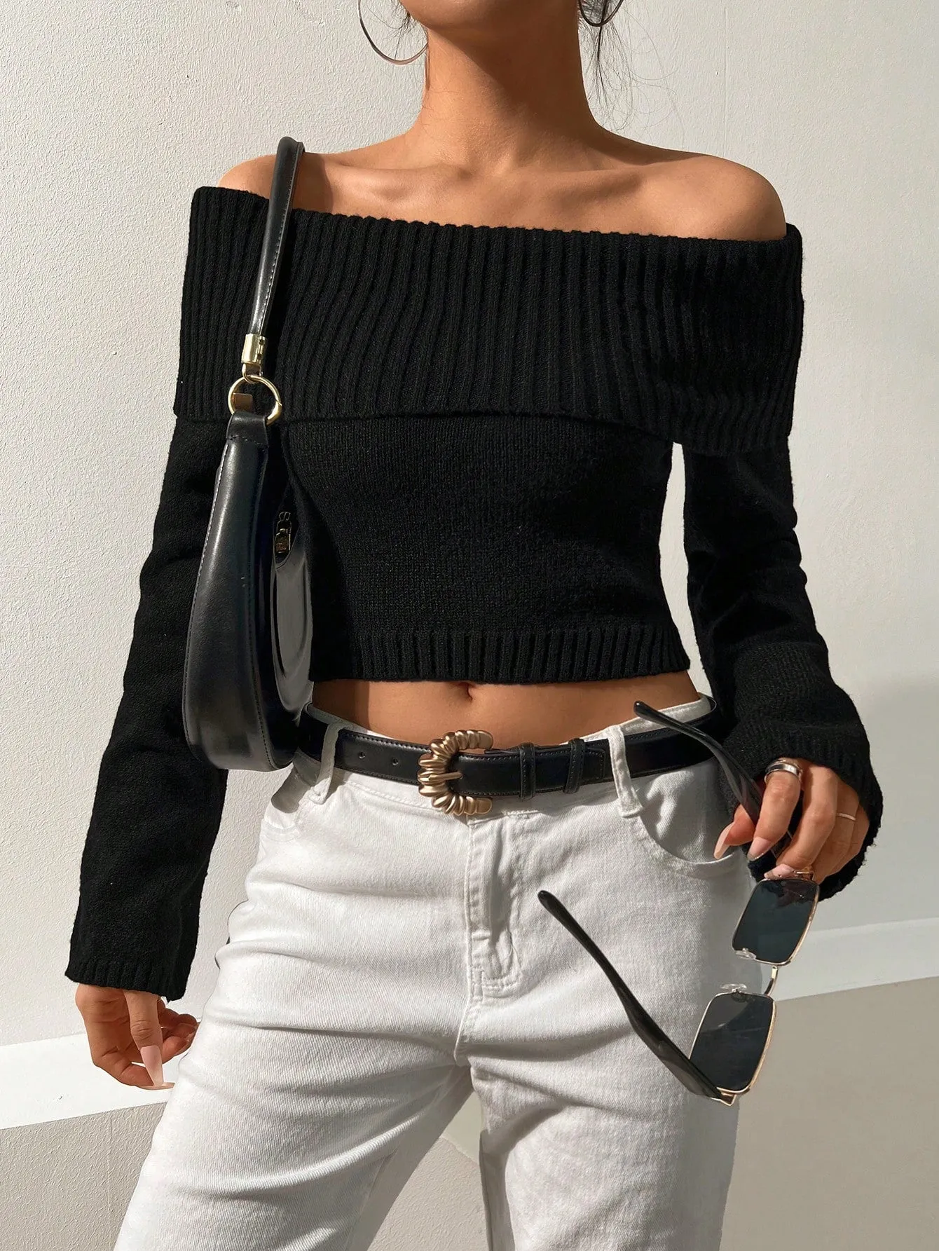 SHEIN Foldover Off Shoulder Crop Sweater