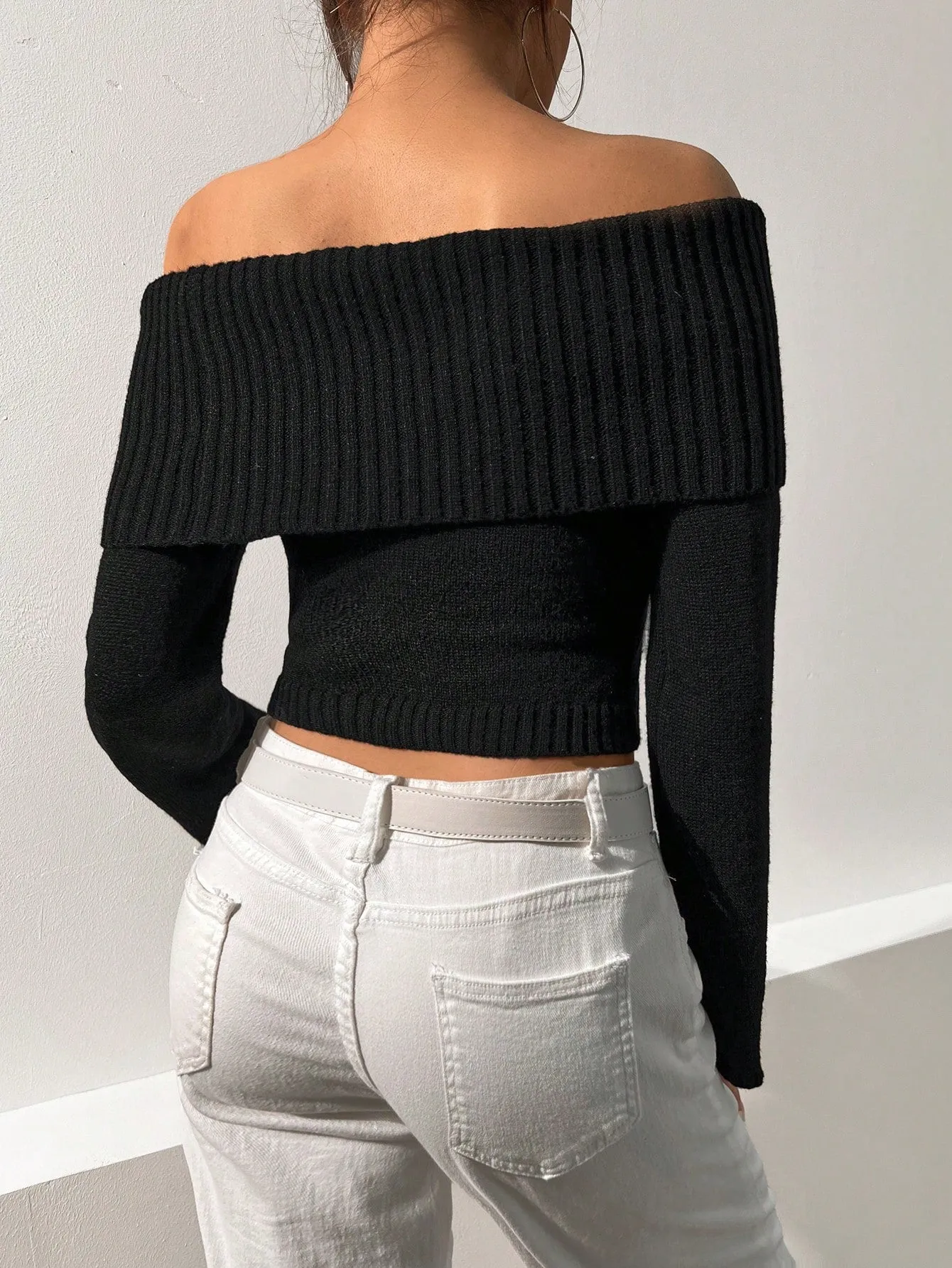 SHEIN Foldover Off Shoulder Crop Sweater