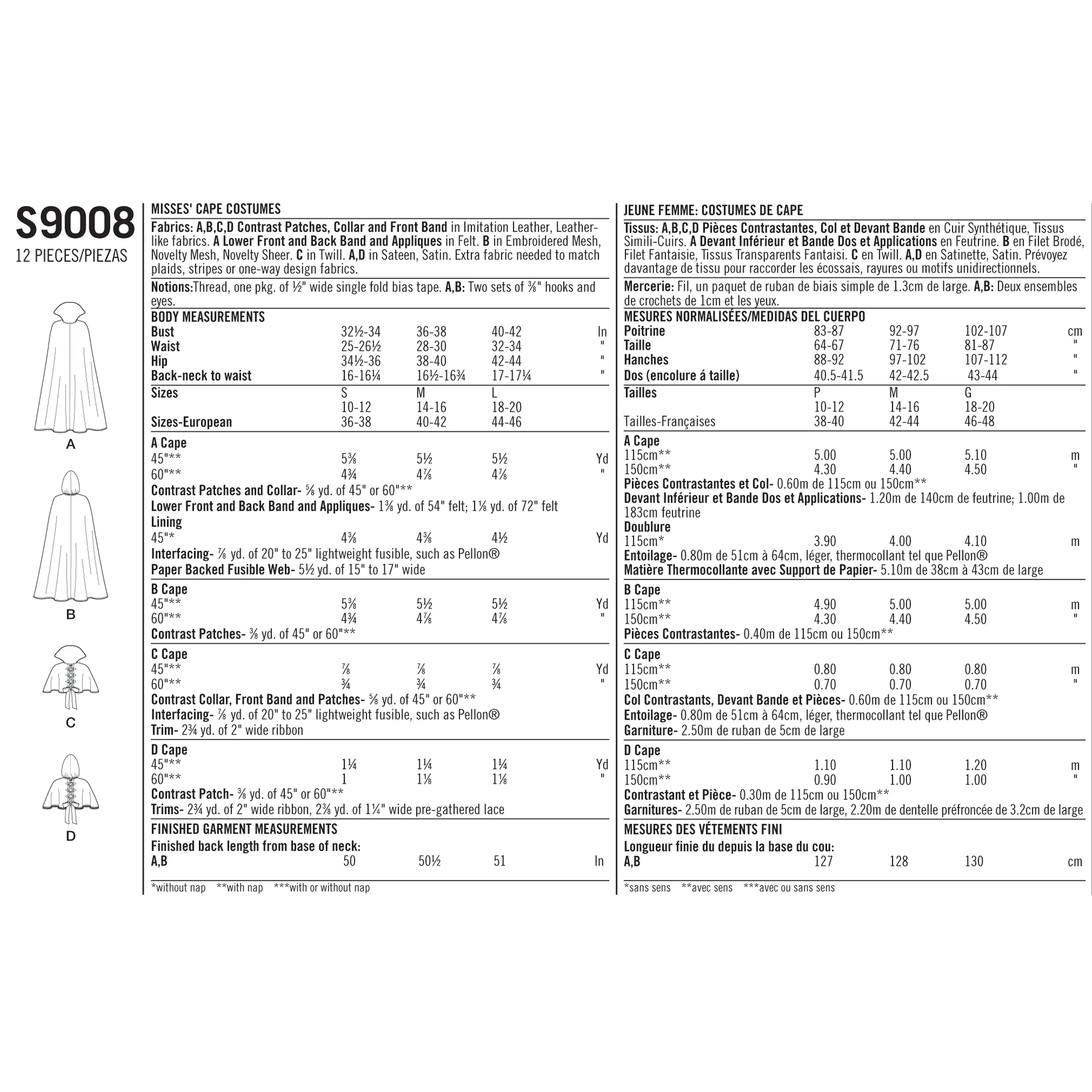 Simplicity Pattern 9008 Misses' Cape with Tie Costumes