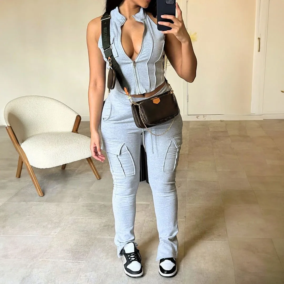 Sleeveless Deep Chesty V-neck Crop Top and Cargo Pants